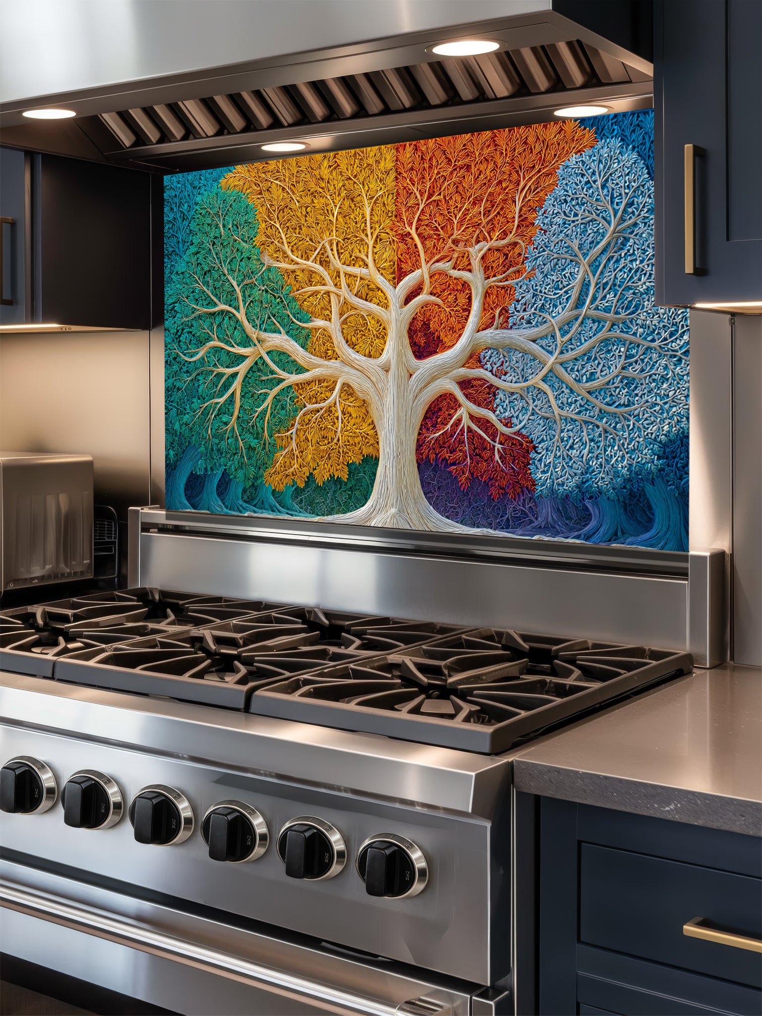 Faux 3D relief art of a Tree of Life with intricately textured leaves divided into four vibrant colors representing the four seasons, UV printed on a smooth tempered glass kitchen backsplash.