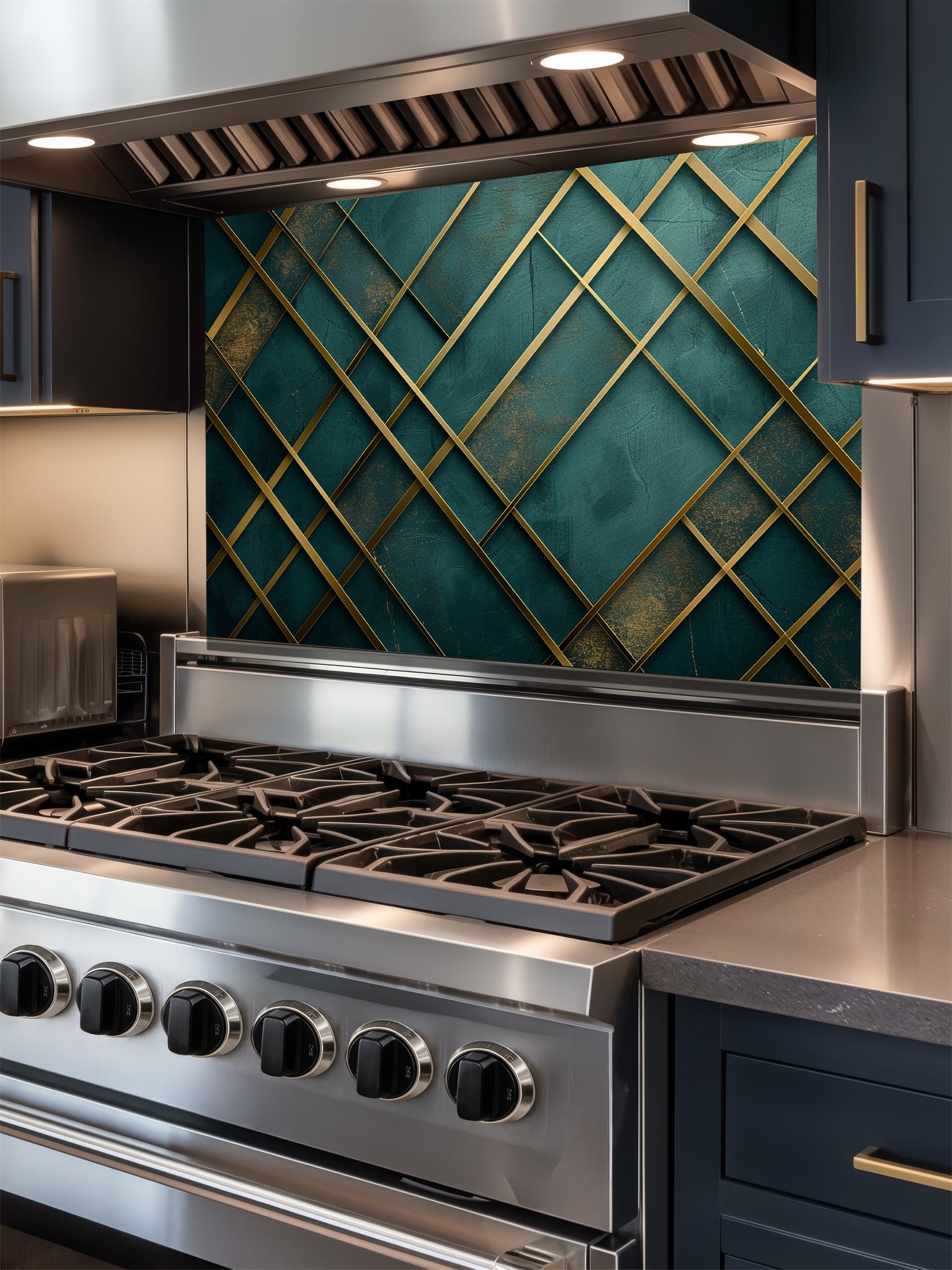 Tempered glass kitchen backsplash featuring a highly realistic 3D illusion of a textured emerald green and teal background crossed by elegant, abstract metallic gold geometric lines, installed behind a modern black stove.