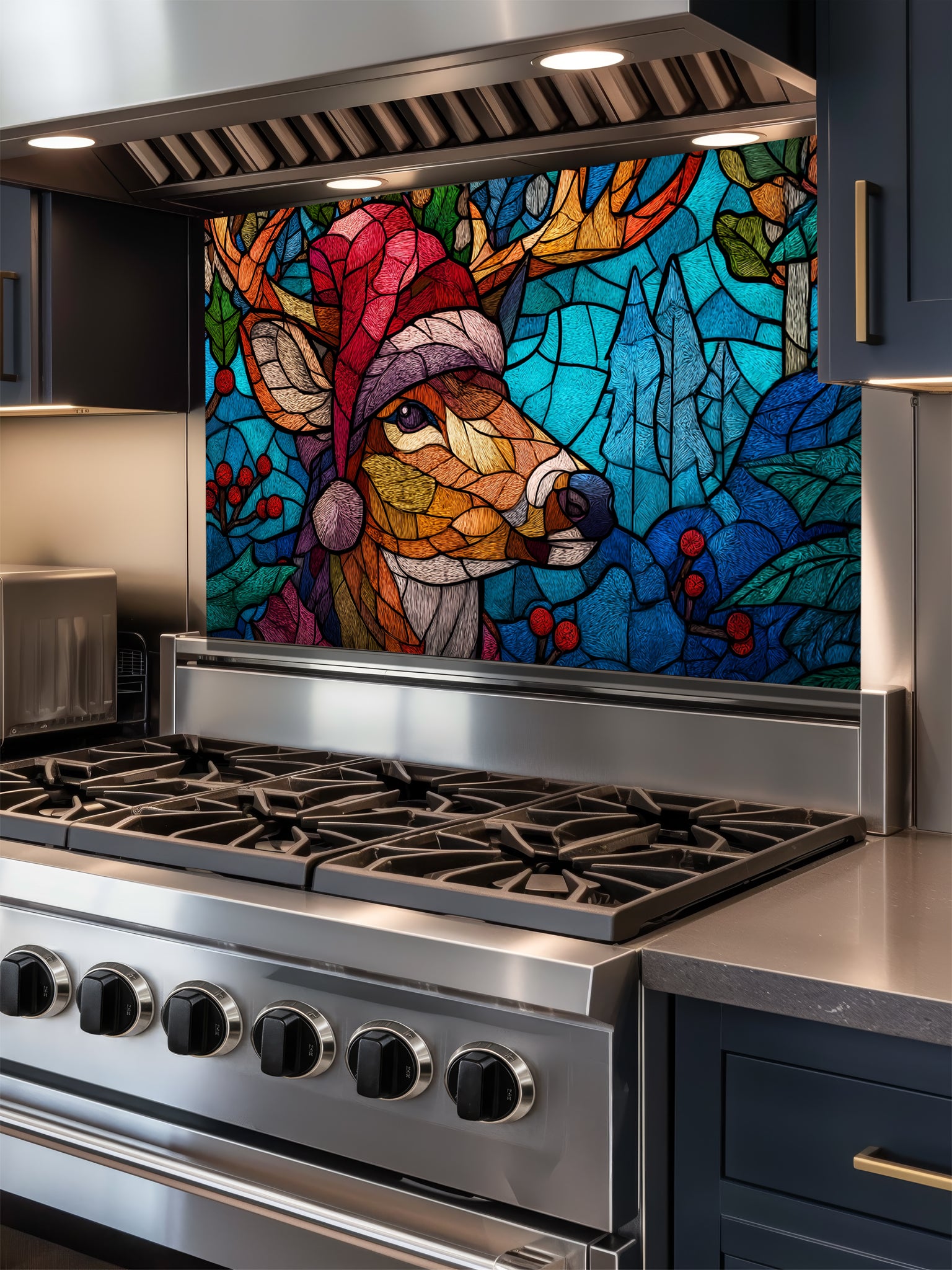 Tempered glass kitchen backsplash featuring a highly realistic 3D illusion of stained glass and mosaic art showing a festive reindeer wearing a red Santa hat in a frosty blue winter forest with holly berries, installed behind a modern black stove.