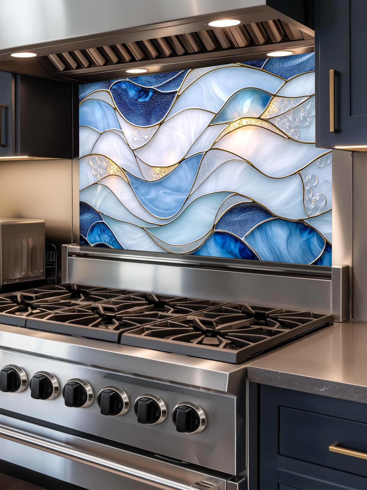 A modern kitchen featuring a tempered glass backsplash with a luxurious abstract fluid art design of blue and white waves with 3D-effect gold veins, installed behind a stainless steel stove.
