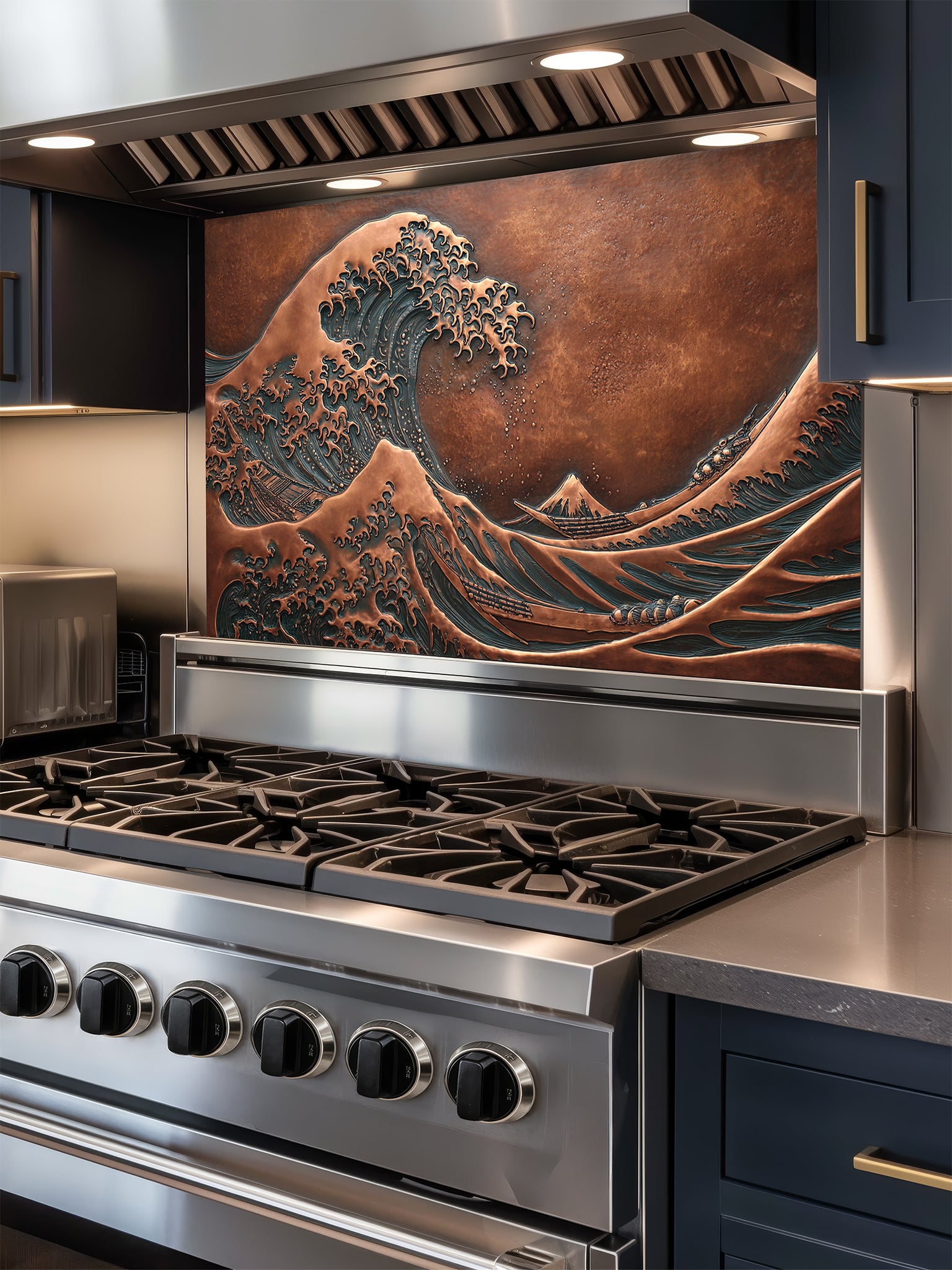 Tempered glass kitchen backsplash featuring a highly realistic 3D faux copper metal relief design of the iconic Great Wave off Kanagawa and Mount Fuji, installed behind a modern stainless steel stove.