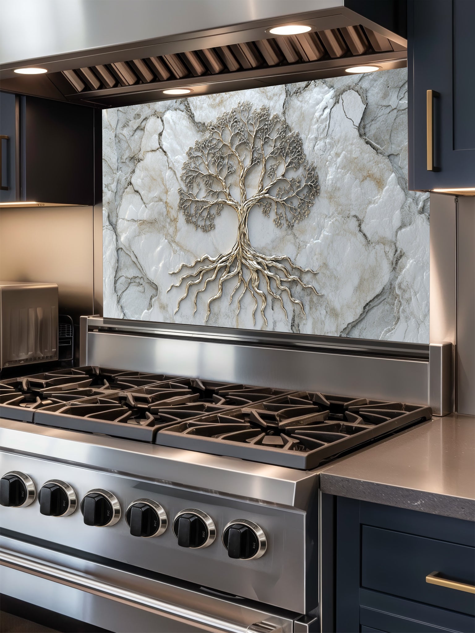 Faux 3D effect metallic Tree of Life on a light marble texture background, UV printed on a smooth tempered glass kitchen backsplash, installed behind a modern stove.