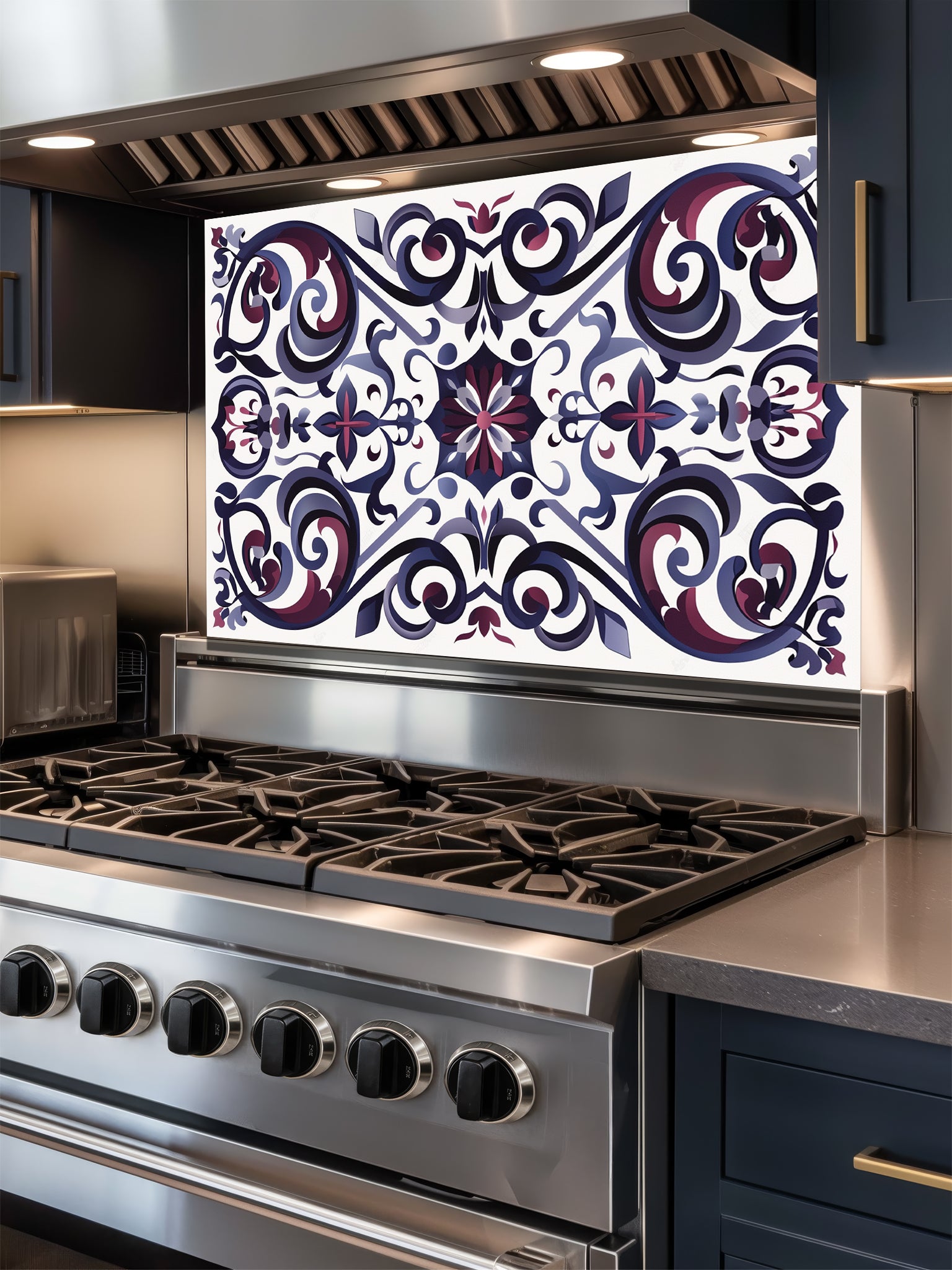 Tempered glass kitchen backsplash featuring a highly realistic illusion of classic Mediterranean or Moroccan tiles, showcasing an elegant, symmetrical Damask pattern in deep navy blue, plum, and grey on a white background, installed behind a modern black stove.