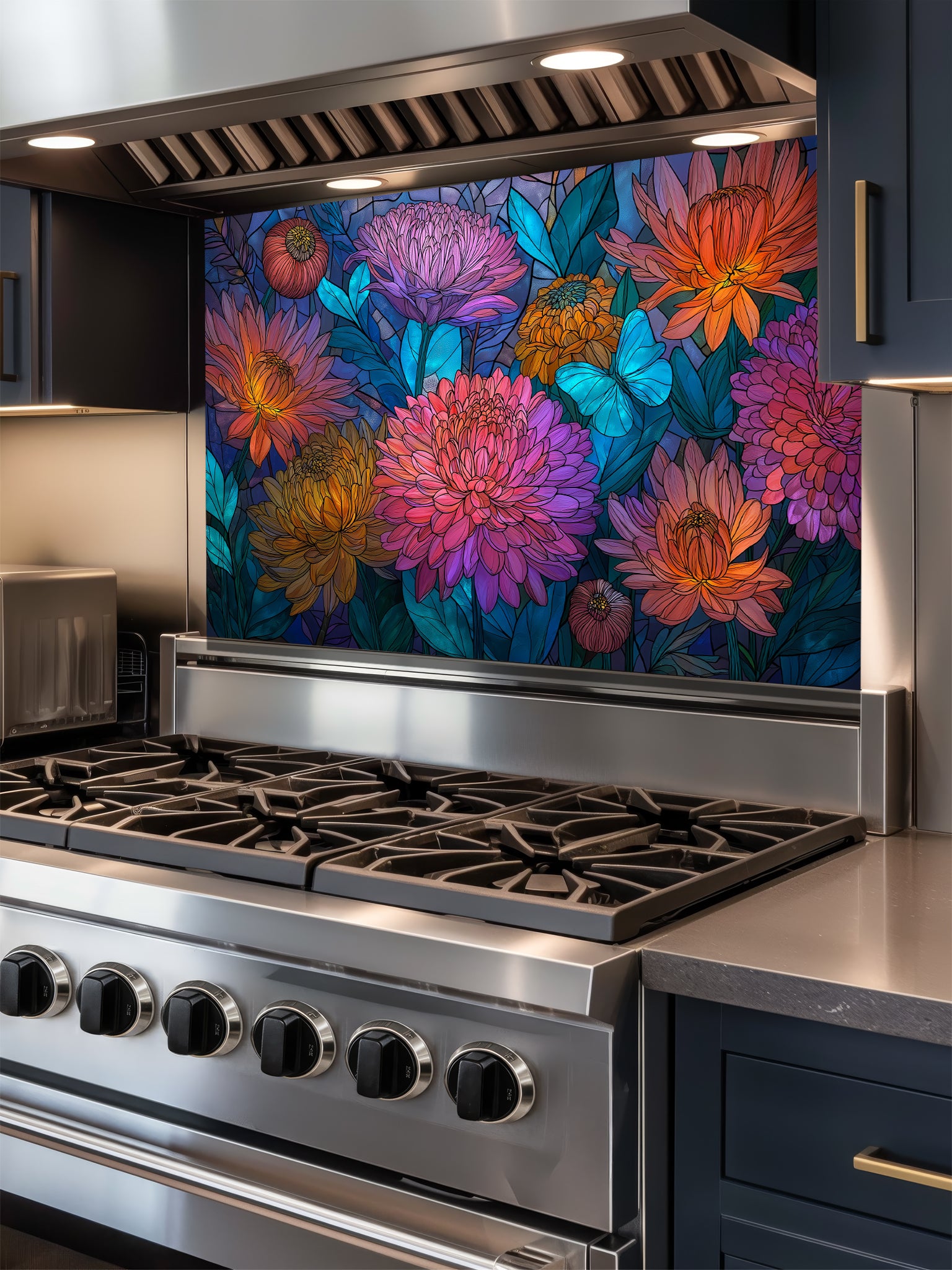 Stained glass style vibrant pink and orange dahlia flowers with a bright blue butterfly, UV printed on a smooth tempered glass kitchen backsplash, installed behind a modern stove.