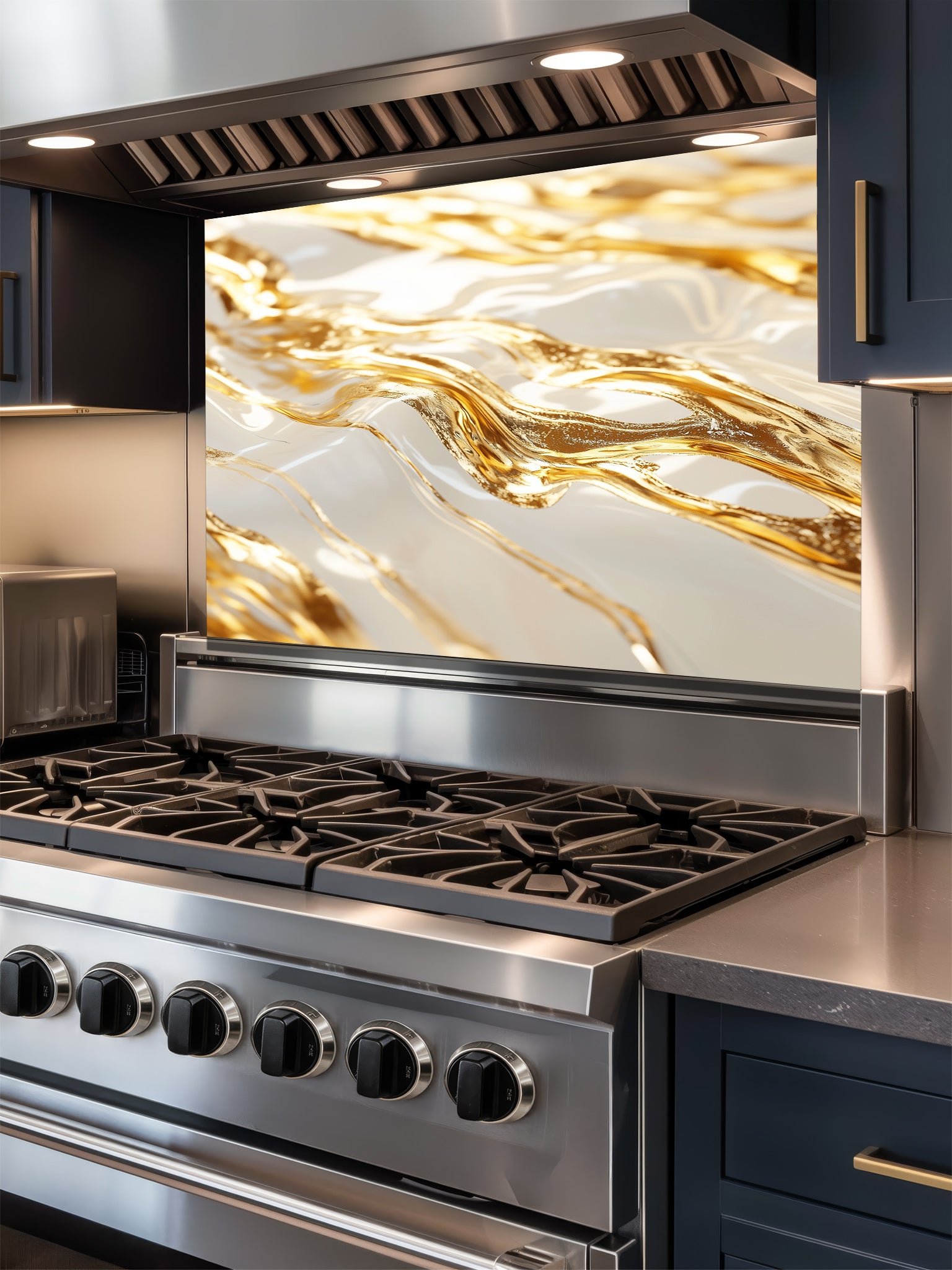 Stainless steel stove with decorative glass panel in a kitchen setting