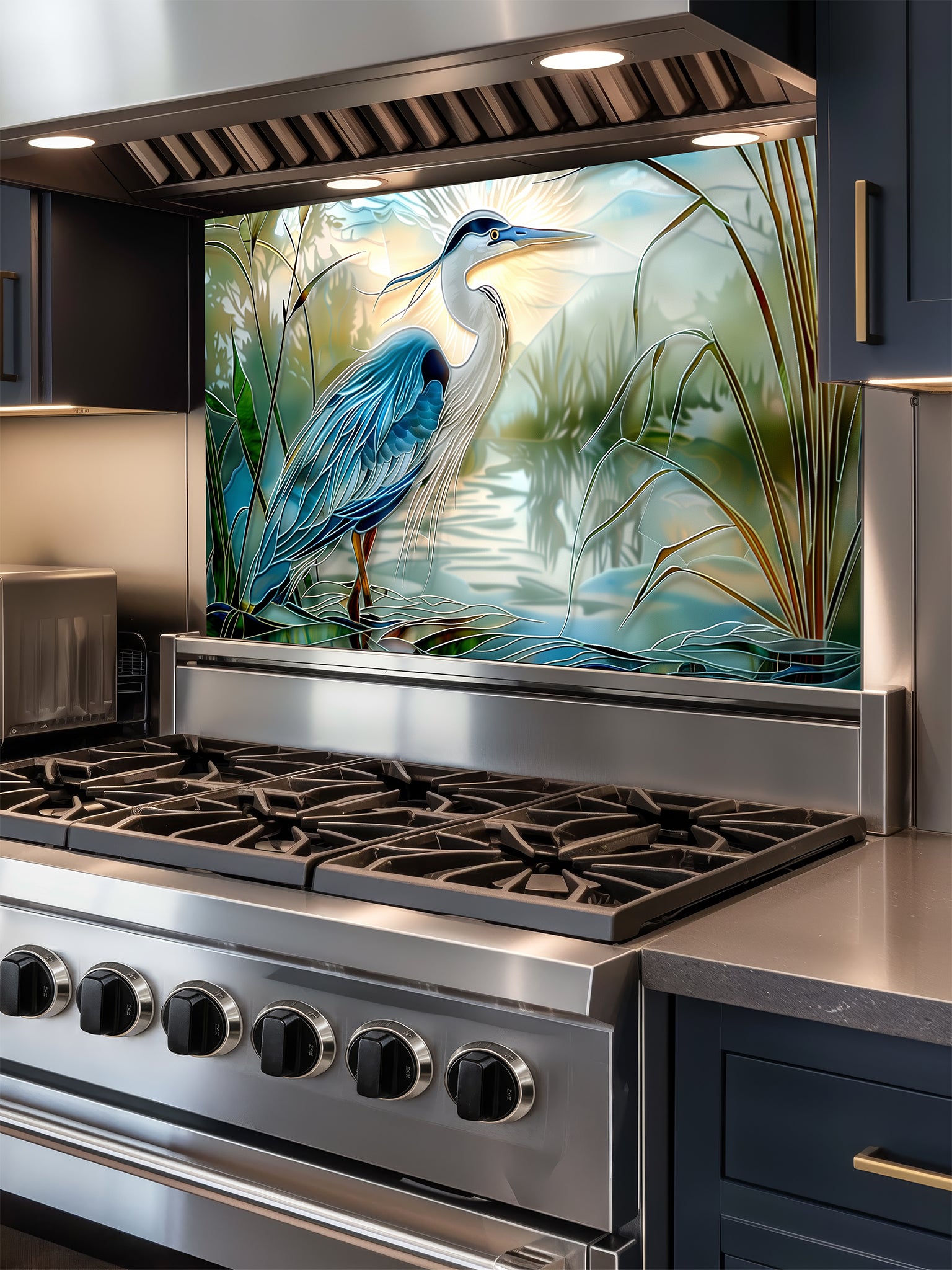 Tempered glass kitchen backsplash featuring a bright faux stained glass design of a majestic blue heron standing in a wetland, with bright sun rays radiating like a halo from behind its head, installed behind a modern stainless steel stove.