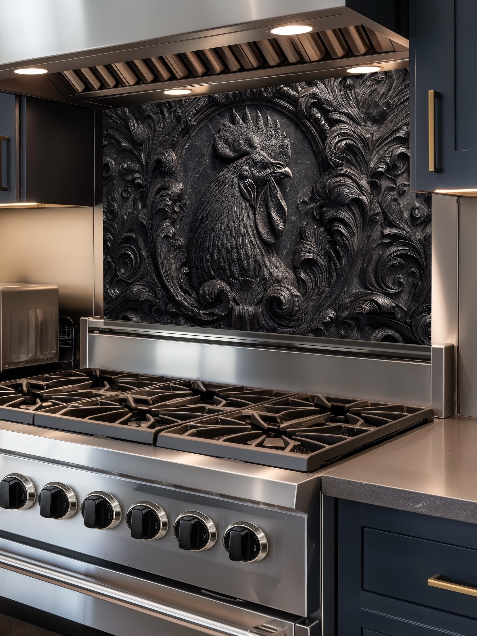 Faux 3D effect dark stone relief carving of a rooster and ornate scrollwork, UV printed on a smooth tempered glass kitchen backsplash, installed behind a modern stove.