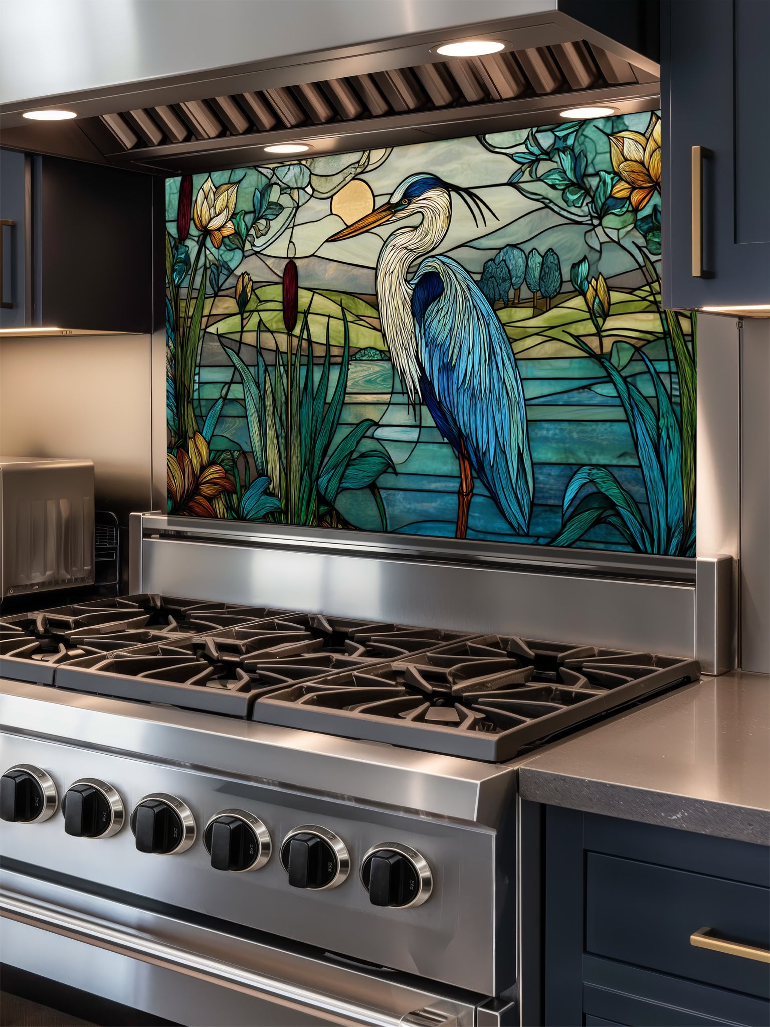 Stainless steel stove with a decorative glass panel featuring a heron and nature scene.