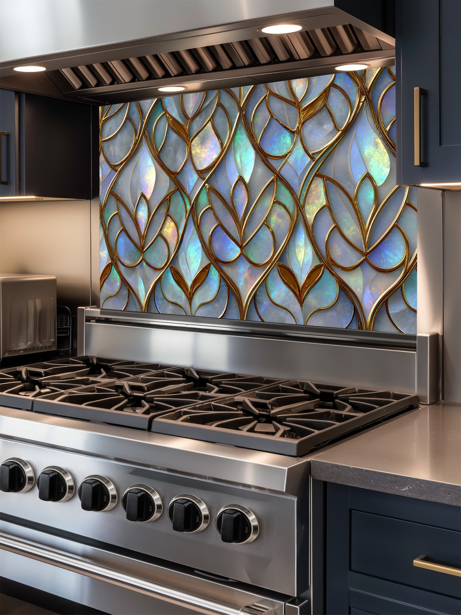 Tempered glass kitchen backsplash featuring a highly realistic 3D illusion of Art Nouveau stained glass showing an elegant repeating leaf pattern with iridescent opal and pearl inlays outlined in rich gold filigree, installed behind a modern stainless steel stove.