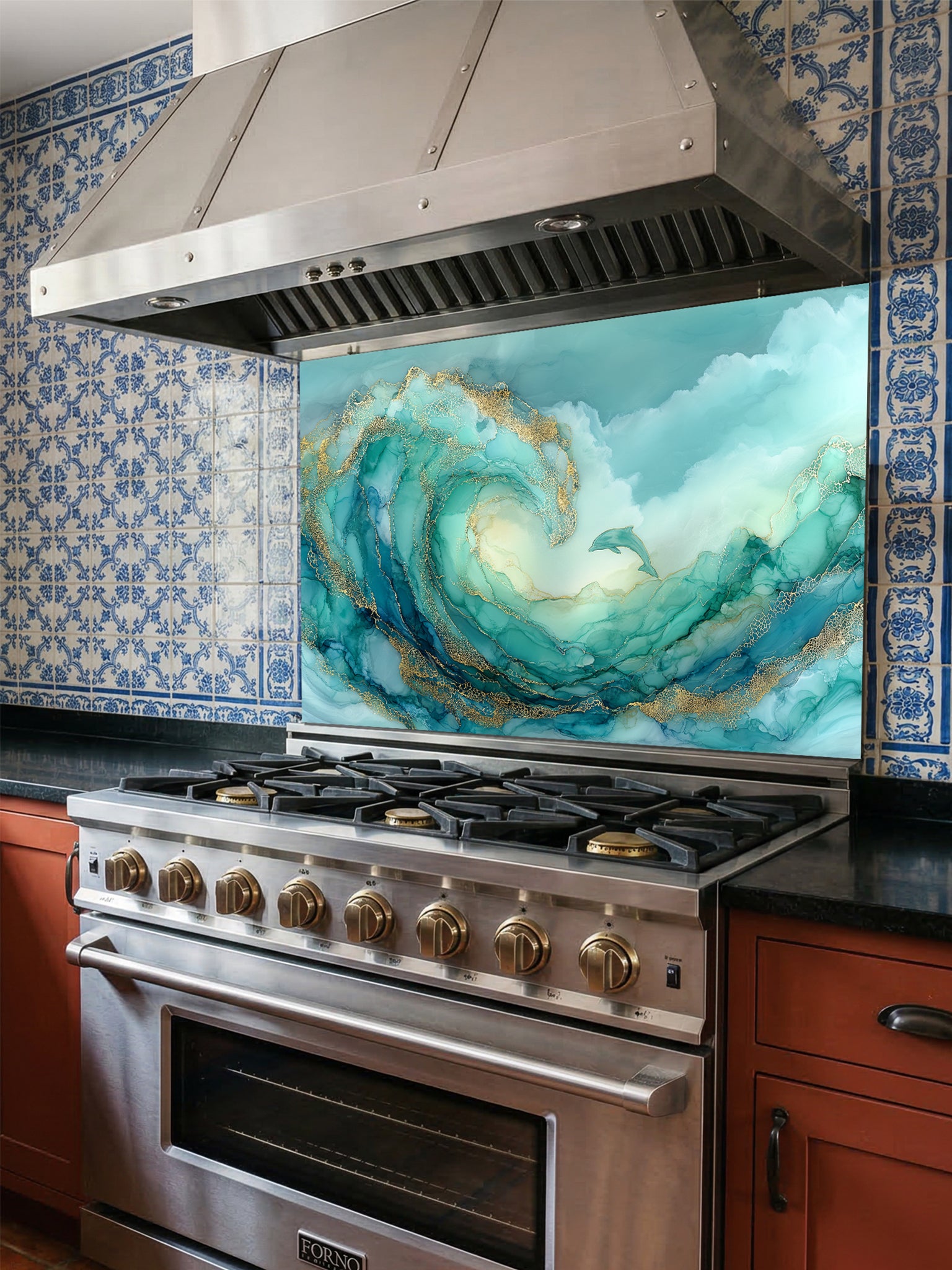 Tempered glass kitchen backsplash featuring a vibrant teal and gold abstract alcohol ink ocean wave with a small jumping dolphin, installed behind a modern stainless steel stove.