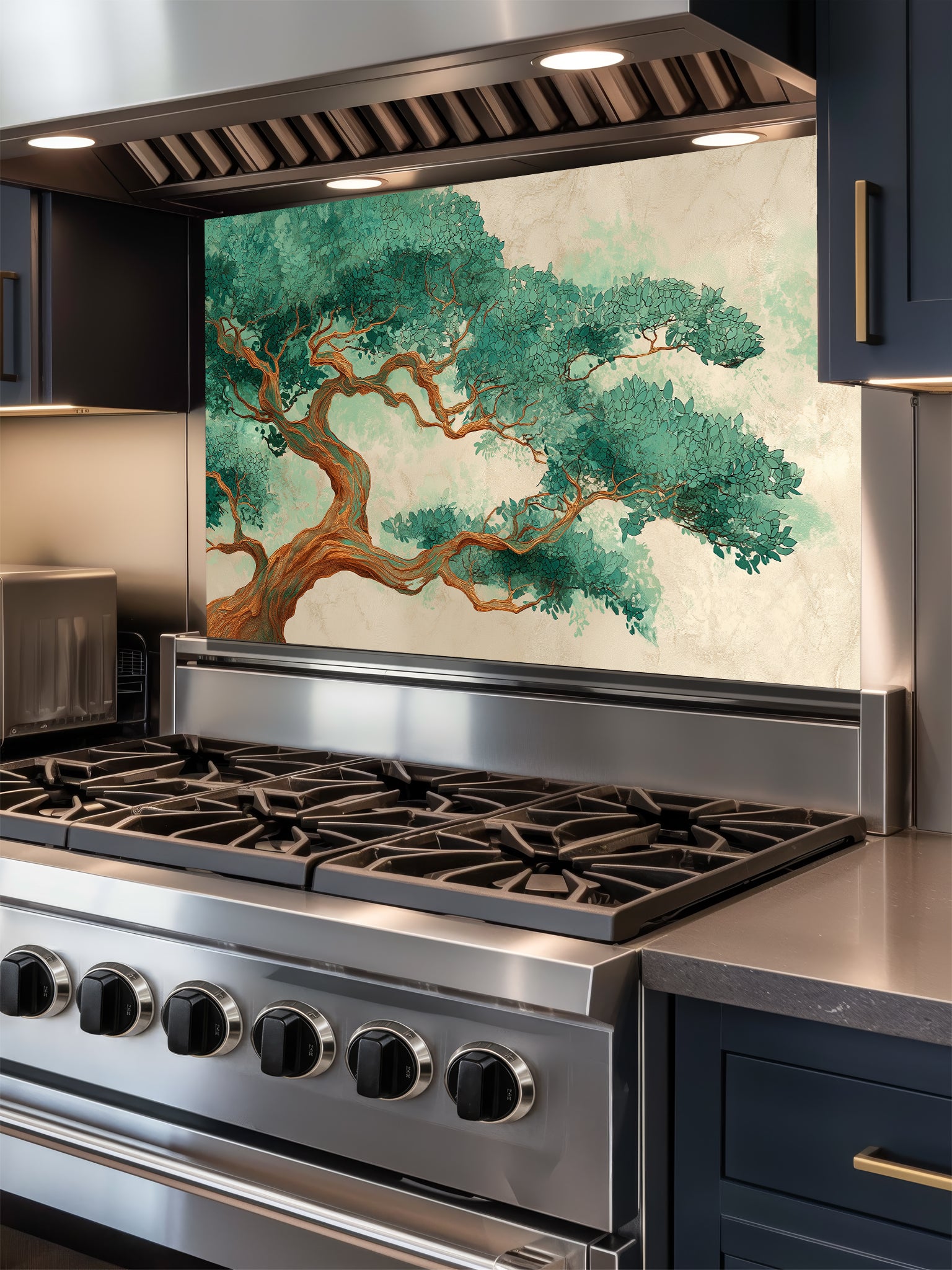 Traditional Asian art style illustration of an ancient bonsai pine tree with lush green needles on a textured beige background, UV printed on a smooth tempered glass kitchen backsplash.
