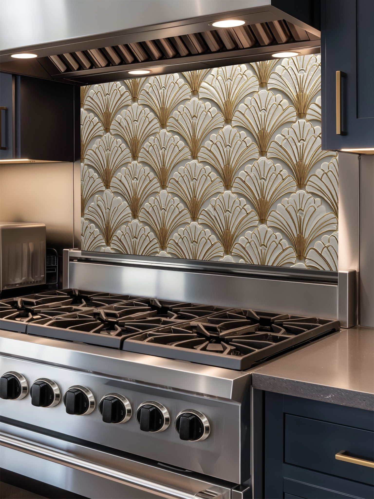 Tempered glass kitchen backsplash featuring a highly realistic 3D illusion of an Art Deco scalloped fan pattern in creamy ivory with elegant faux gold metallic outlines, installed behind a modern black stove.