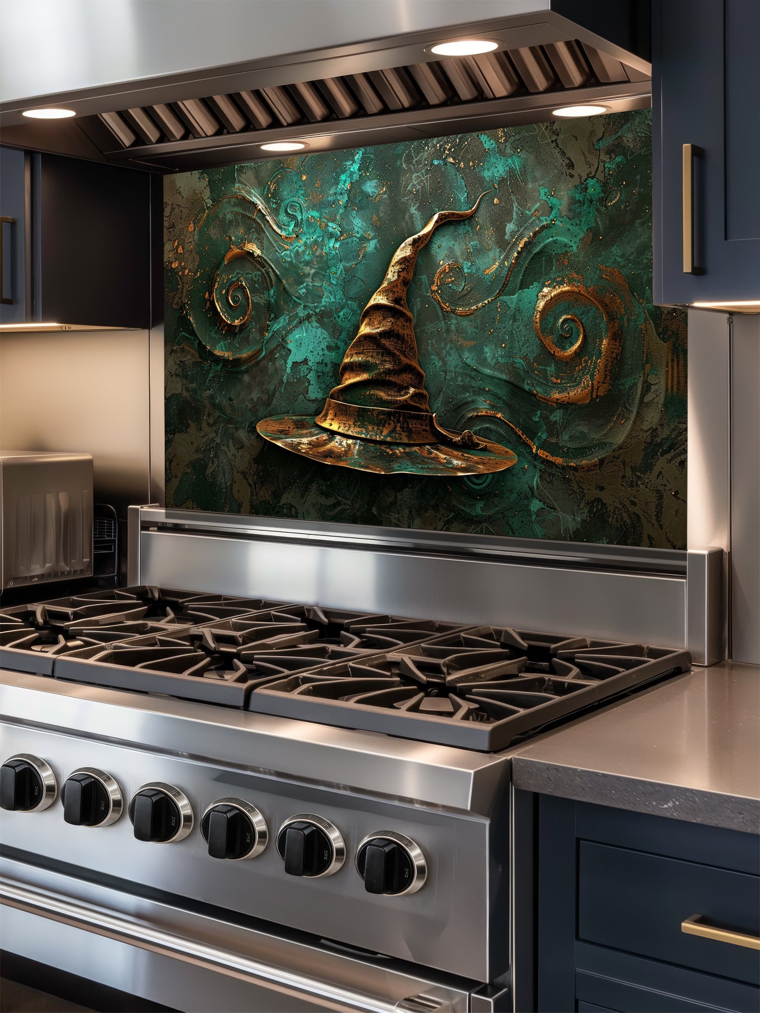 Tempered glass kitchen backsplash featuring a highly realistic 3D illusion of an antique gold sculpted witch or wizard hat surrounded by magical swirling patterns against a textured deep teal background, installed behind a modern black stove.