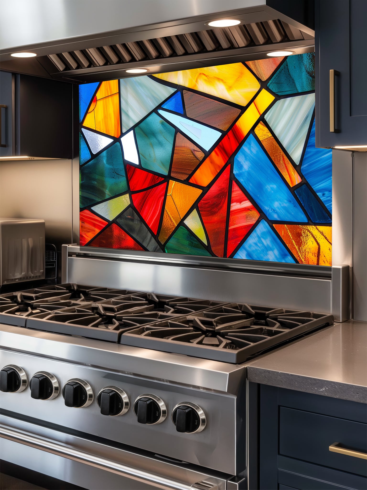 Tempered glass kitchen backsplash featuring a highly realistic illusion of abstract geometric stained glass with asymmetrical shards in vibrant, luminous shades of red, blue, yellow, and teal outlined by dark faux lead lines, installed behind a modern black stove.