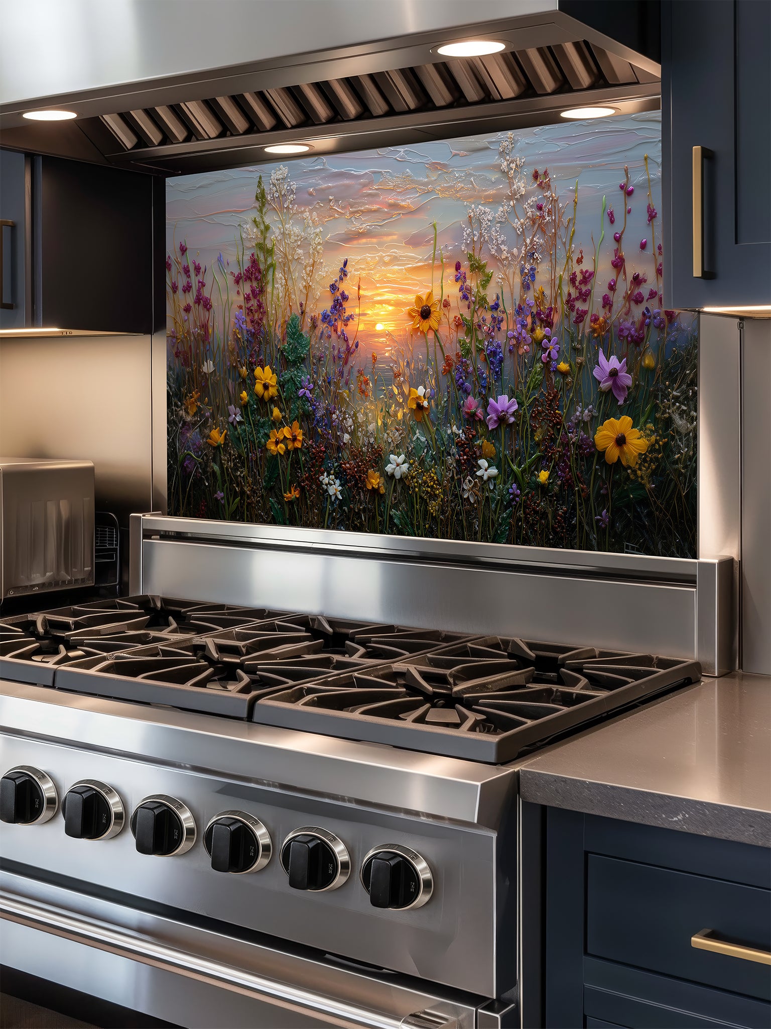 Tempered glass kitchen backsplash featuring a highly realistic 3D illusion of an impasto oil painting showing a vibrant wildflower meadow against a soft pastel sunset sky, installed behind a modern stainless steel stove.