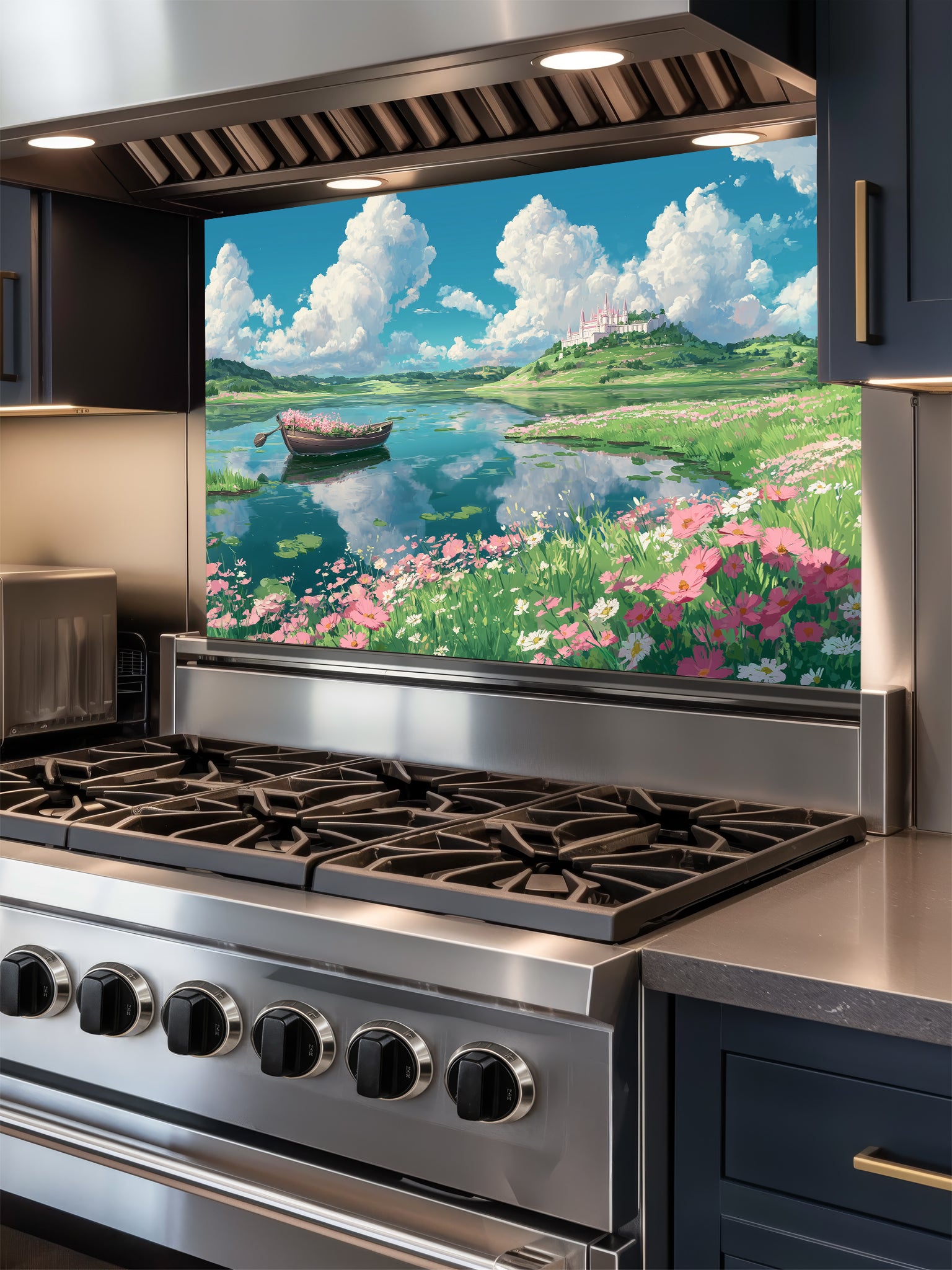 Anime style vibrant summer landscape with fluffy white clouds, a blue lake, a flower-filled boat, and pink cosmos flowers, UV printed on a smooth tempered glass kitchen backsplash.