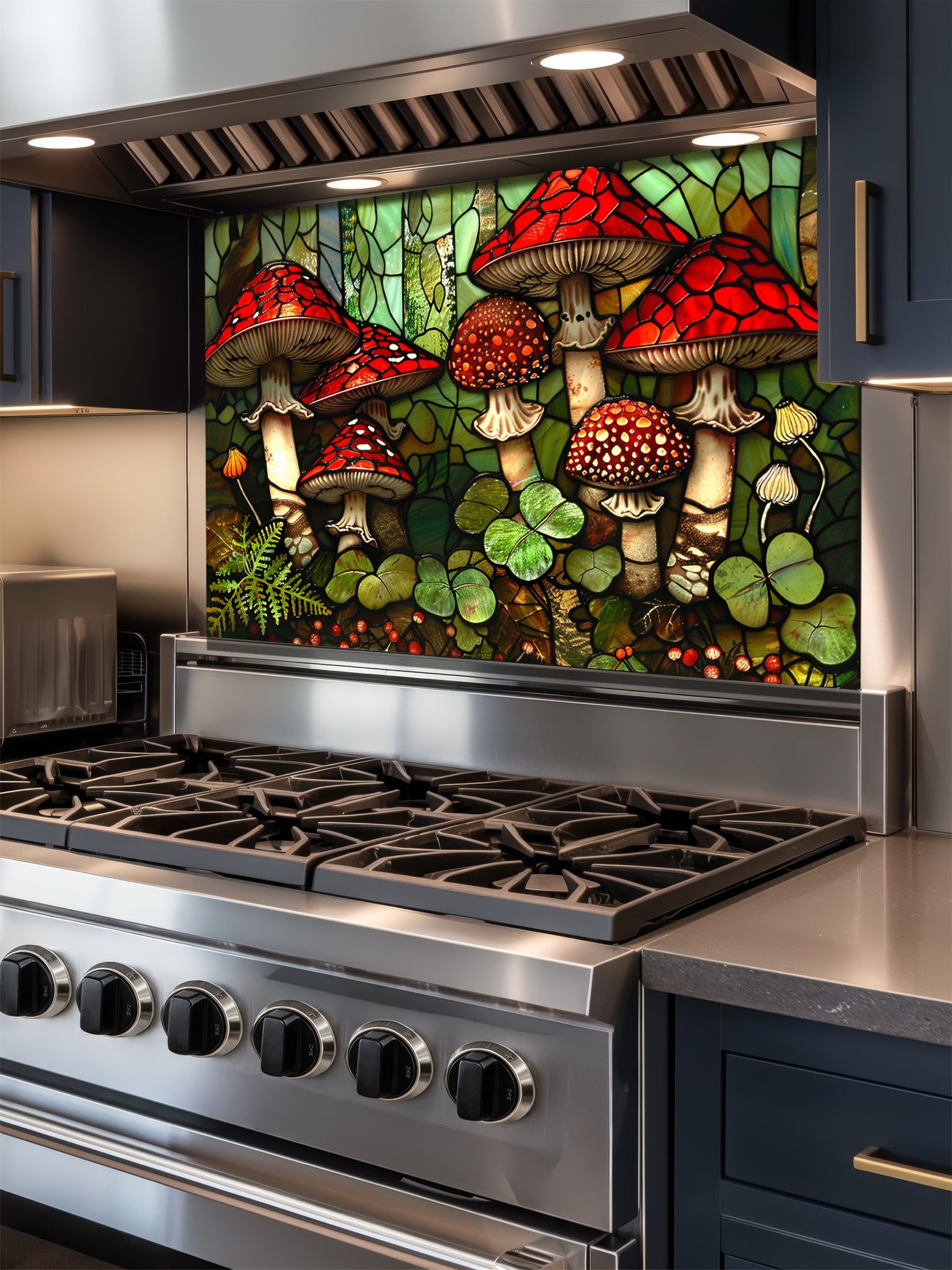 Stained glass style woodland scene with vibrant red mushrooms, ferns, and clovers, UV printed on a smooth tempered glass kitchen backsplash, installed behind a modern stove.