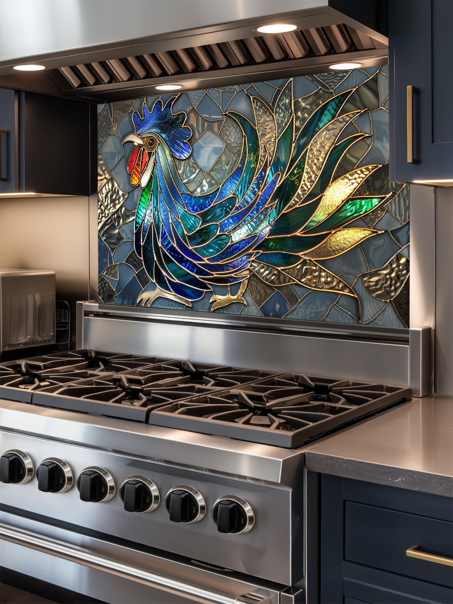 Faux stained glass pattern featuring a vibrant blue, green, and gold rooster against a grey mosaic background, UV printed on a smooth tempered glass kitchen backsplash.