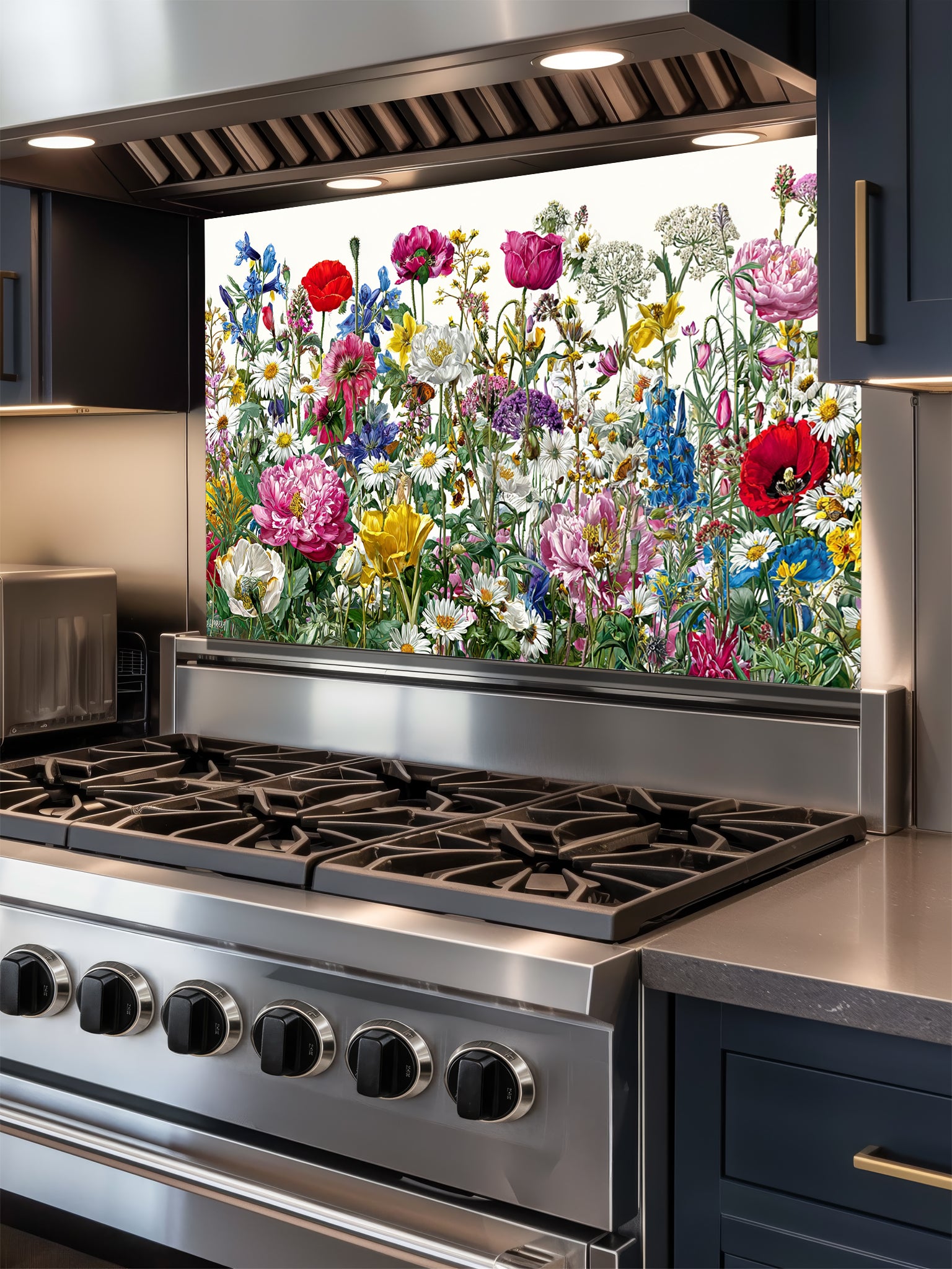 Vibrant spring meadow pattern featuring colorful wildflowers, red poppies, and daisies on a crisp white background, UV printed on a smooth tempered glass kitchen backsplash.