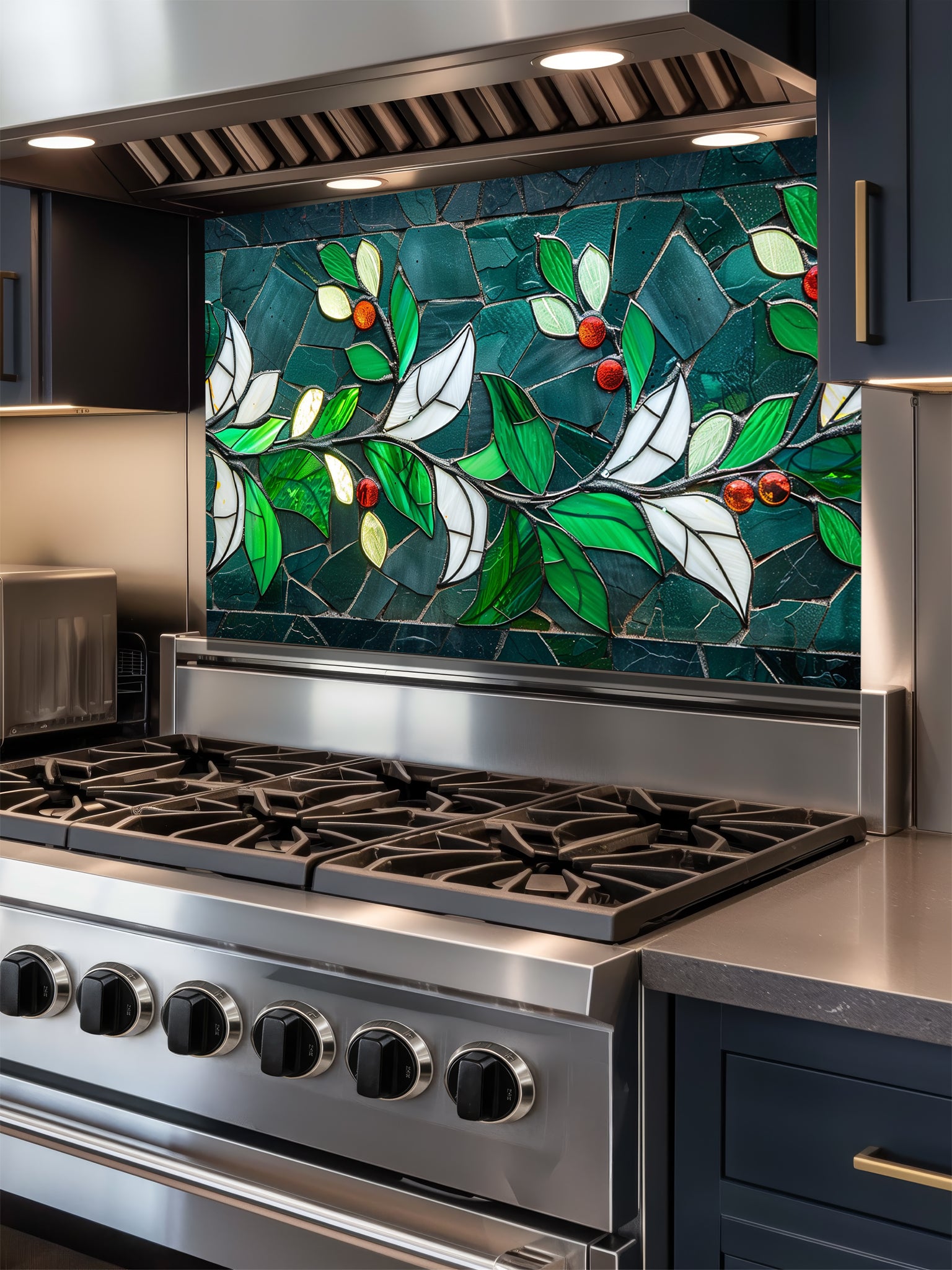 Tempered glass kitchen backsplash featuring a highly realistic 3D illusion of stained glass and mosaic art showing a graceful branch with vibrant emerald green and white leaves and glowing red berries against a dark teal background, installed behind a modern black stove.