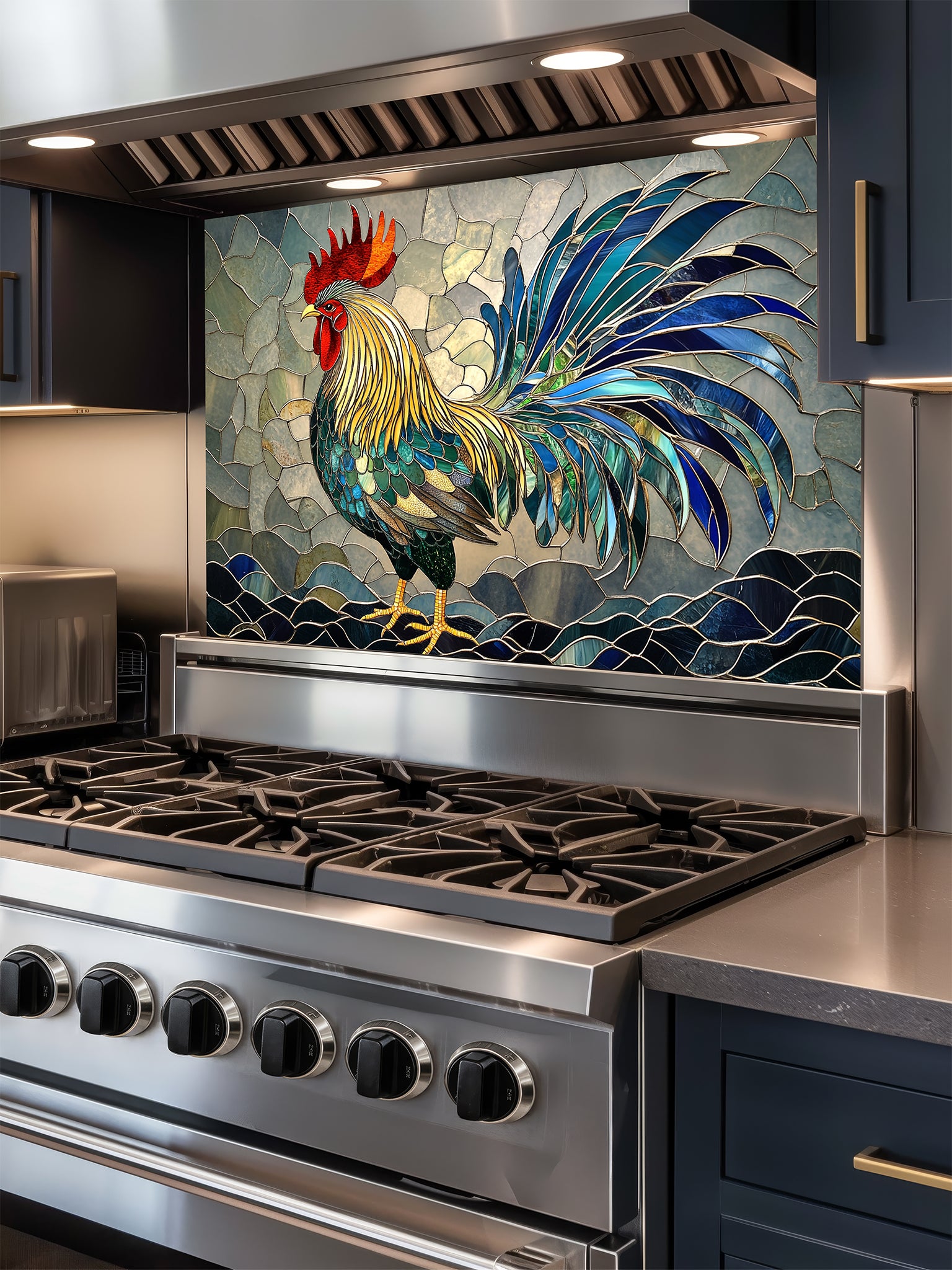 Tempered glass kitchen backsplash featuring a vibrant faux stained glass design of a majestic rooster in rich blues, greens, yellows, and reds, installed behind a modern stainless steel stove.