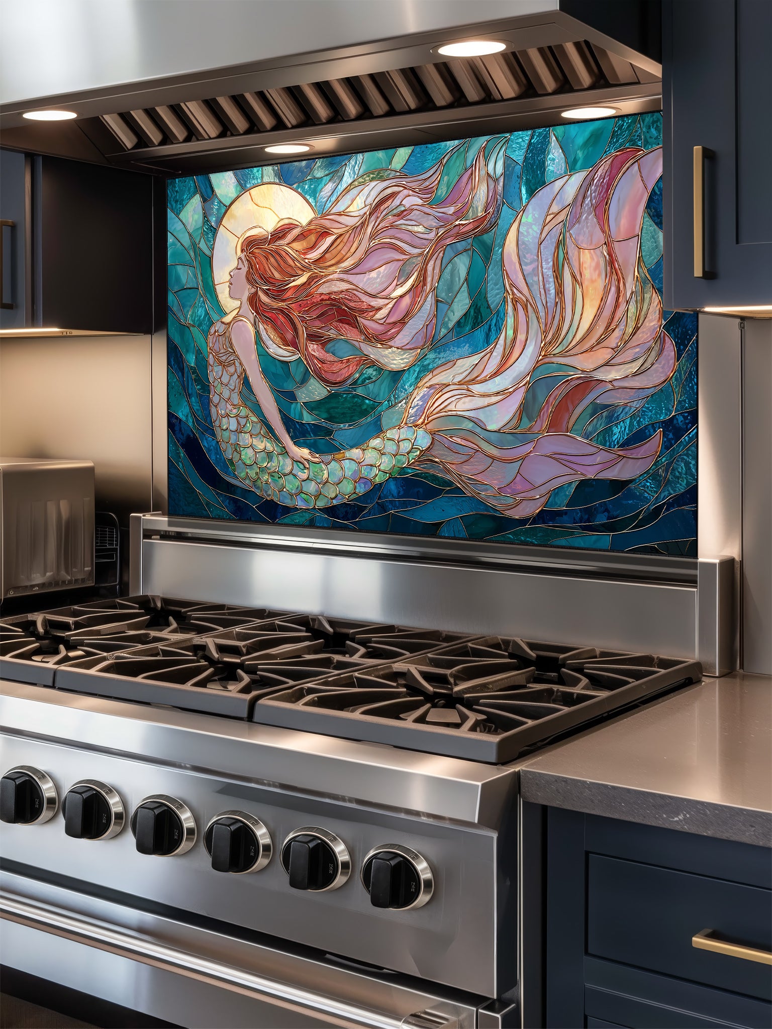 Tempered glass kitchen backsplash featuring a highly realistic 3D illusion of stained glass art showing an elegant mermaid with flowing hair swimming through dynamic ocean waves in deep blues and turquoise, installed behind a modern stainless steel stove.