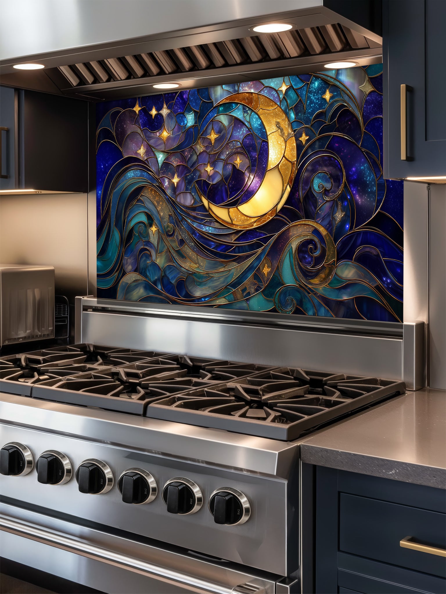 Tempered glass kitchen backsplash featuring a highly realistic 3D illusion of stained glass art showing a glowing golden crescent moon and stars swirling in a deep blue night sky, installed behind a modern stainless steel stove.