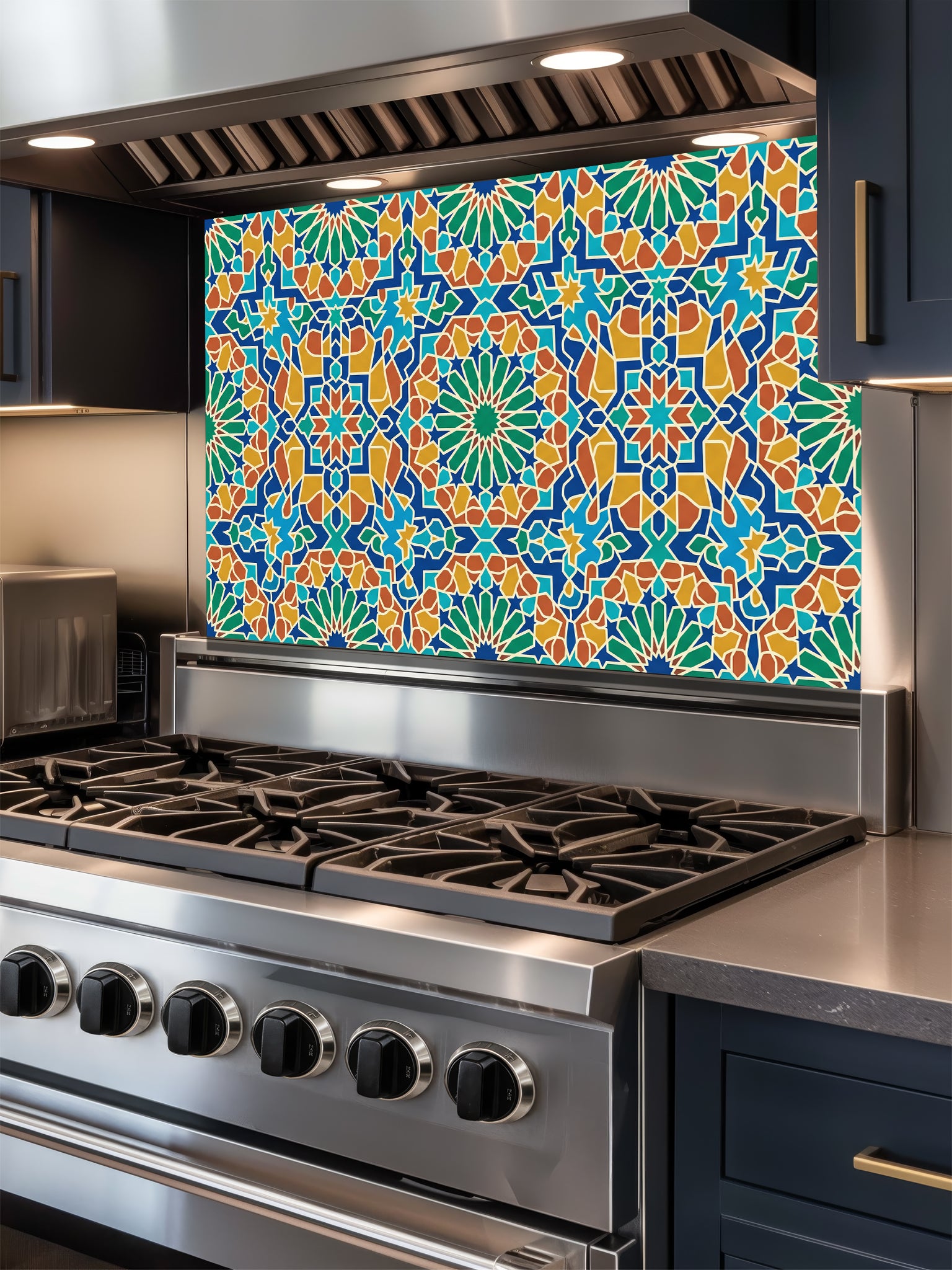 Stainless steel stove with a colorful geometric patterned backsplash in a kitchen setting.