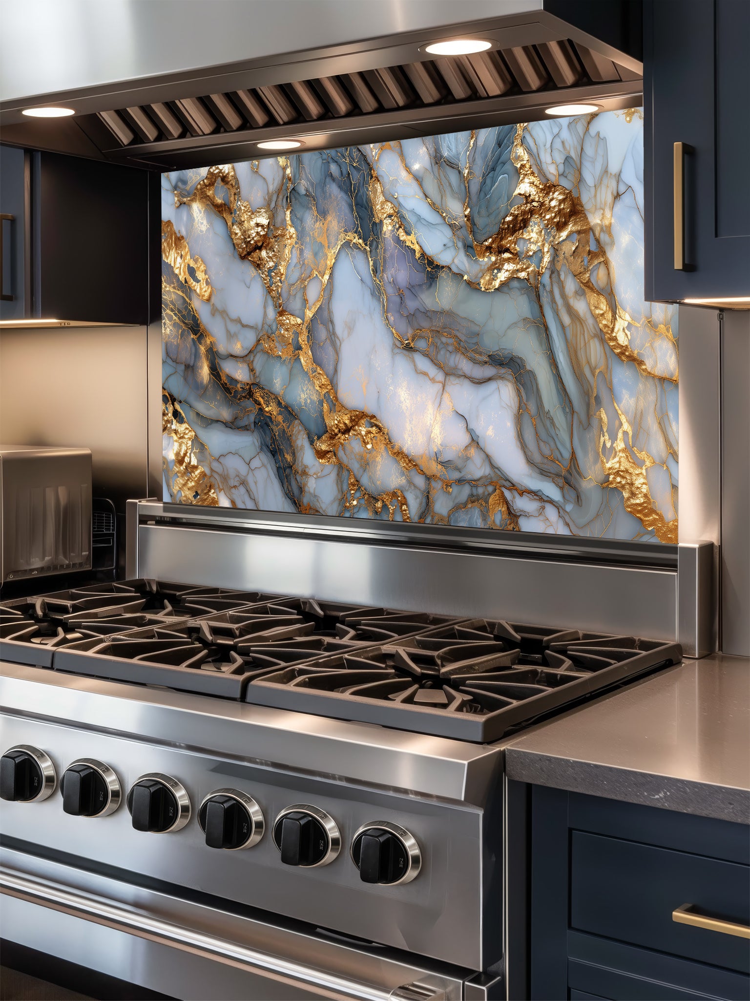 Stainless steel stove with marble backsplash in a kitchen setting