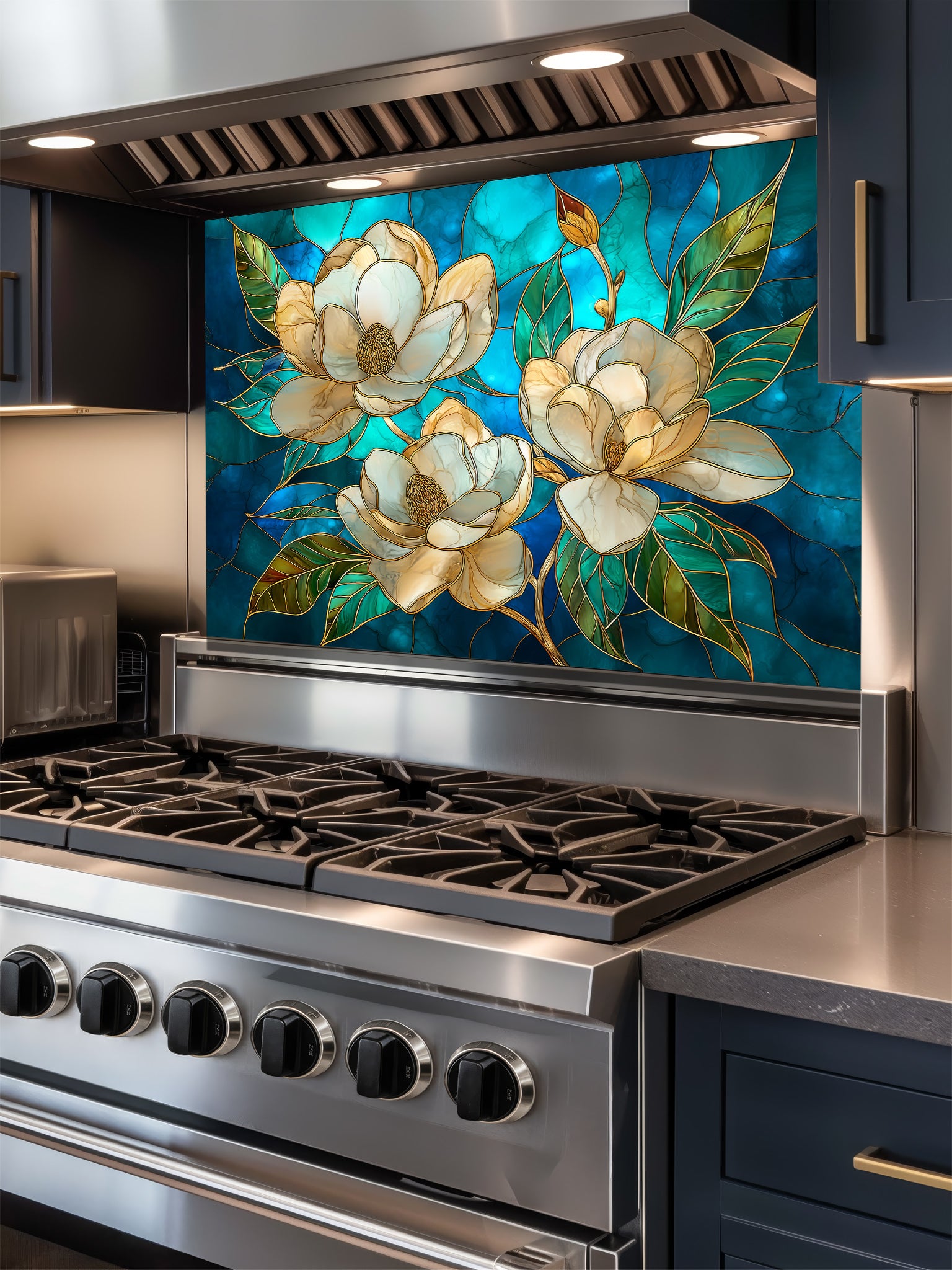 Tempered glass kitchen backsplash featuring a highly realistic 3D illusion of stained glass art showing elegant white magnolia blossoms with gold outlines against a swirling deep blue and teal background, installed behind a modern stainless steel stove.