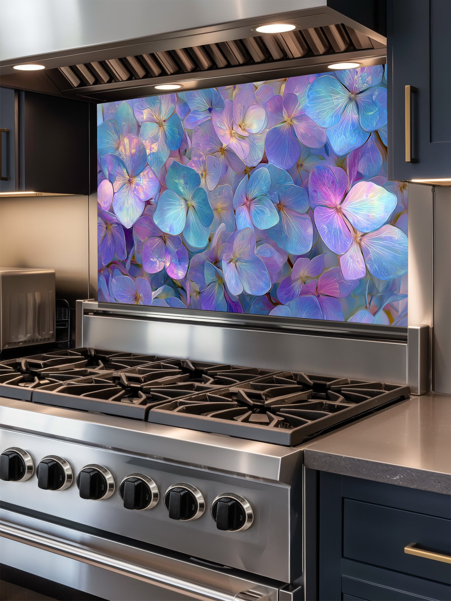 Ethereal iridescent floral pattern featuring glowing purple, blue, and pink flower petals, UV printed on a smooth tempered glass kitchen backsplash, installed behind a modern stove.