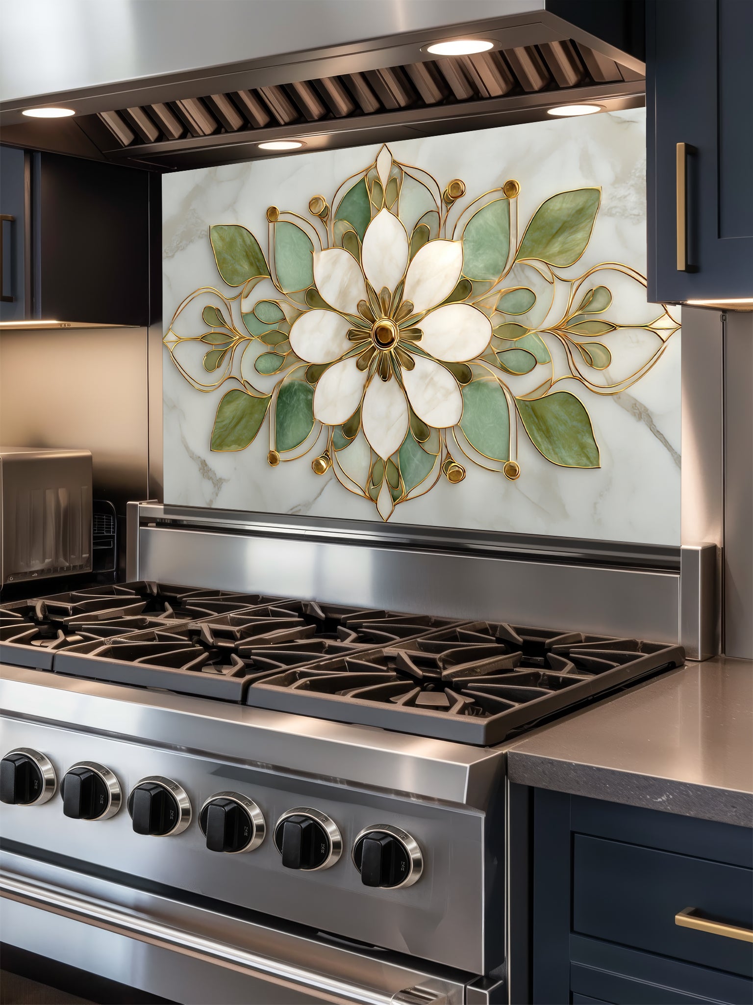 Faux white marble kitchen backsplash featuring an elegant sage green, cream, and gold stained glass lotus mandala pattern, UV printed on smooth tempered glass.