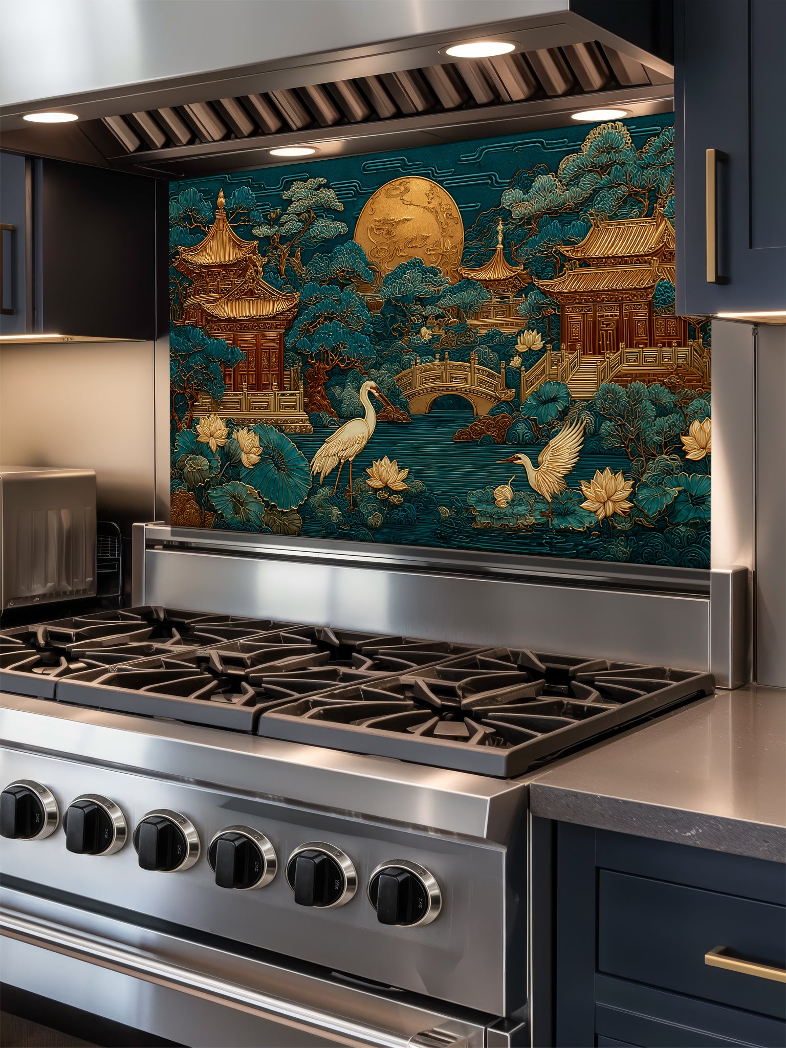 Faux 3D sculpted relief of an Asian landscape featuring golden pagodas, cranes, and a full moon against a deep teal background, UV printed on a smooth tempered glass kitchen backsplash.