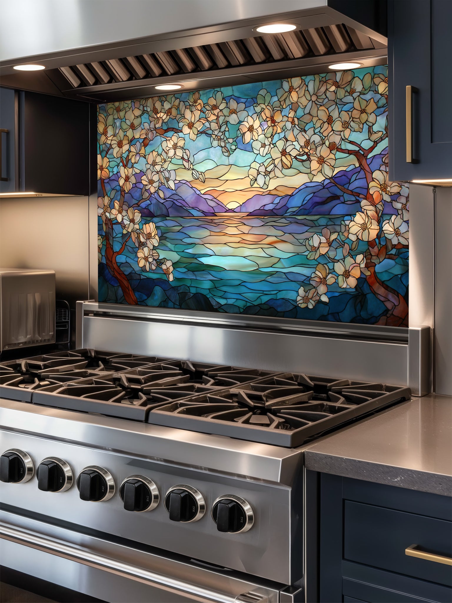 Stainless steel stove with a decorative glass backsplash featuring a landscape design.