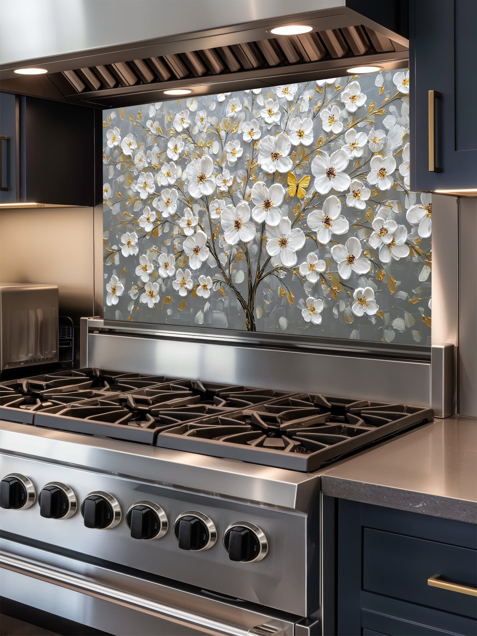 "Faux 3D impasto style painting of a white floral tree with golden accents and a yellow butterfly on a grey background, UV printed on a smooth tempered glass kitchen backsplash."