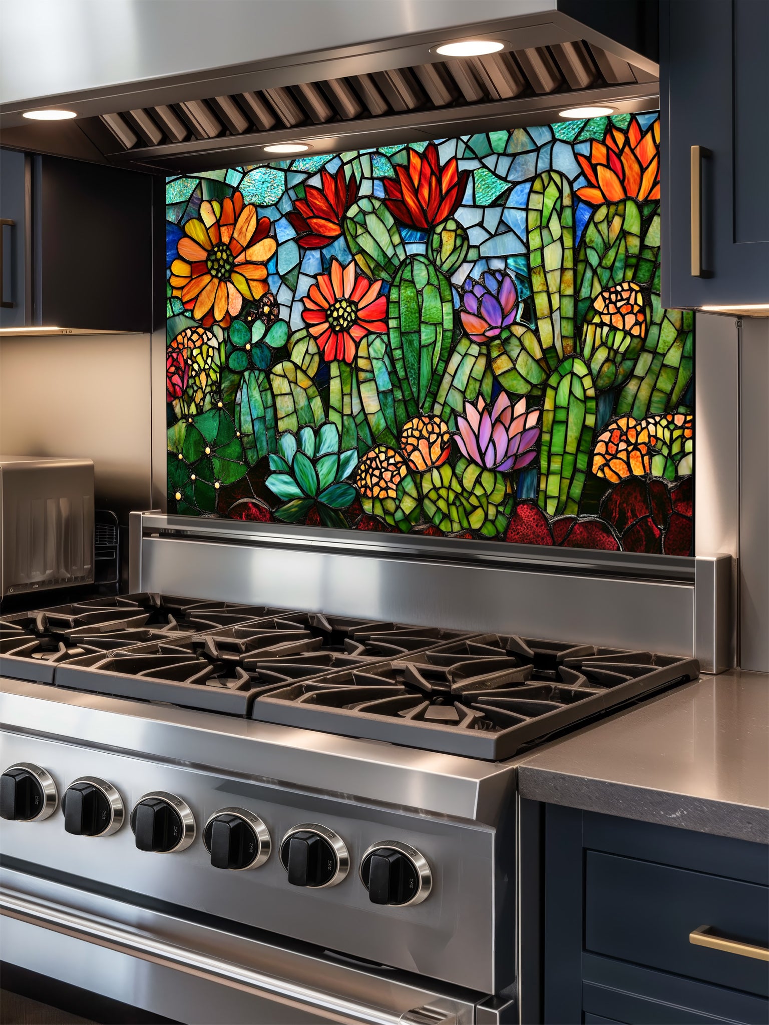 Stained glass style vibrant green cacti with blooming orange, red, and pink flowers in a desert landscape, UV printed on a smooth tempered glass kitchen backsplash, installed behind a modern stove.