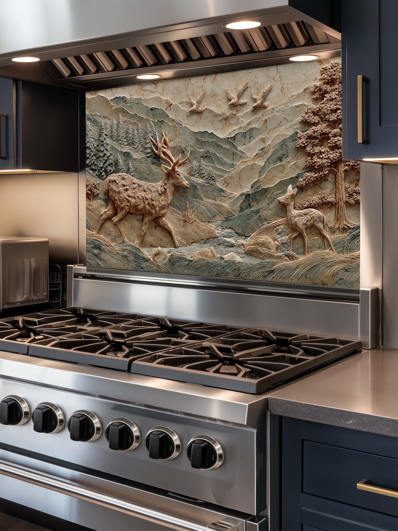 Tempered glass kitchen backsplash featuring a highly realistic 3D illusion of an intricately carved wooden bas-relief sculpture showing a majestic stag and a fawn wandering through a textured mountain and pine forest landscape, installed behind a modern black stove.
