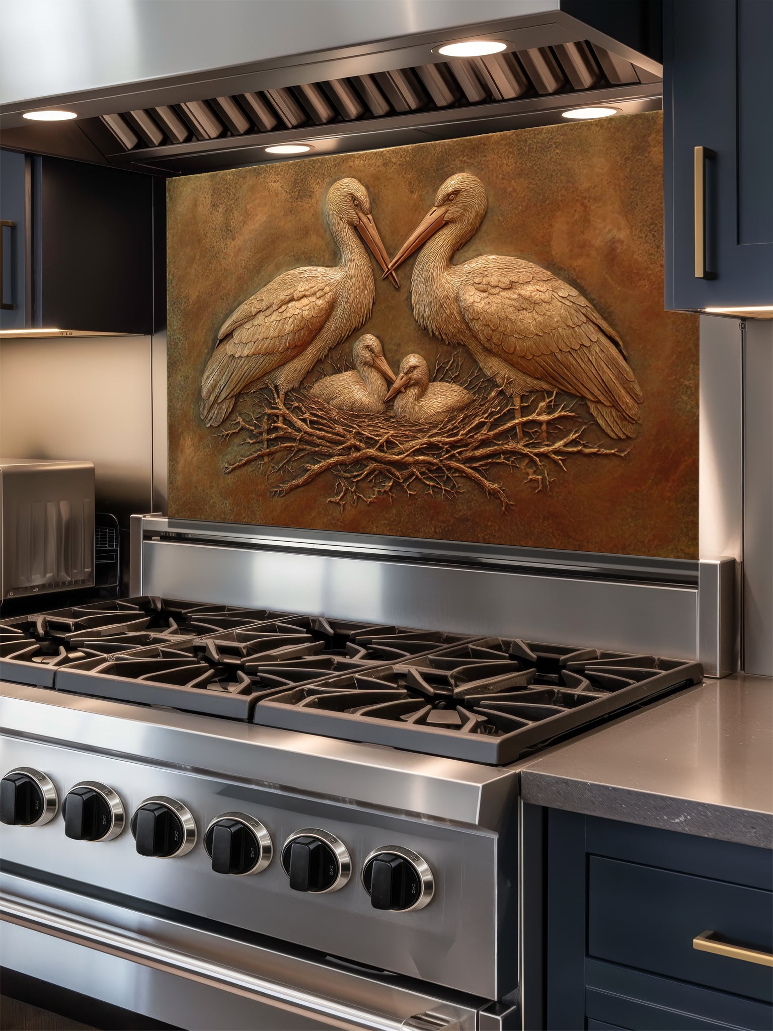 Faux 3D sculpted bronze relief of a stork family in a nest set against a rustic metallic background, UV printed on a smooth tempered glass kitchen backsplash.