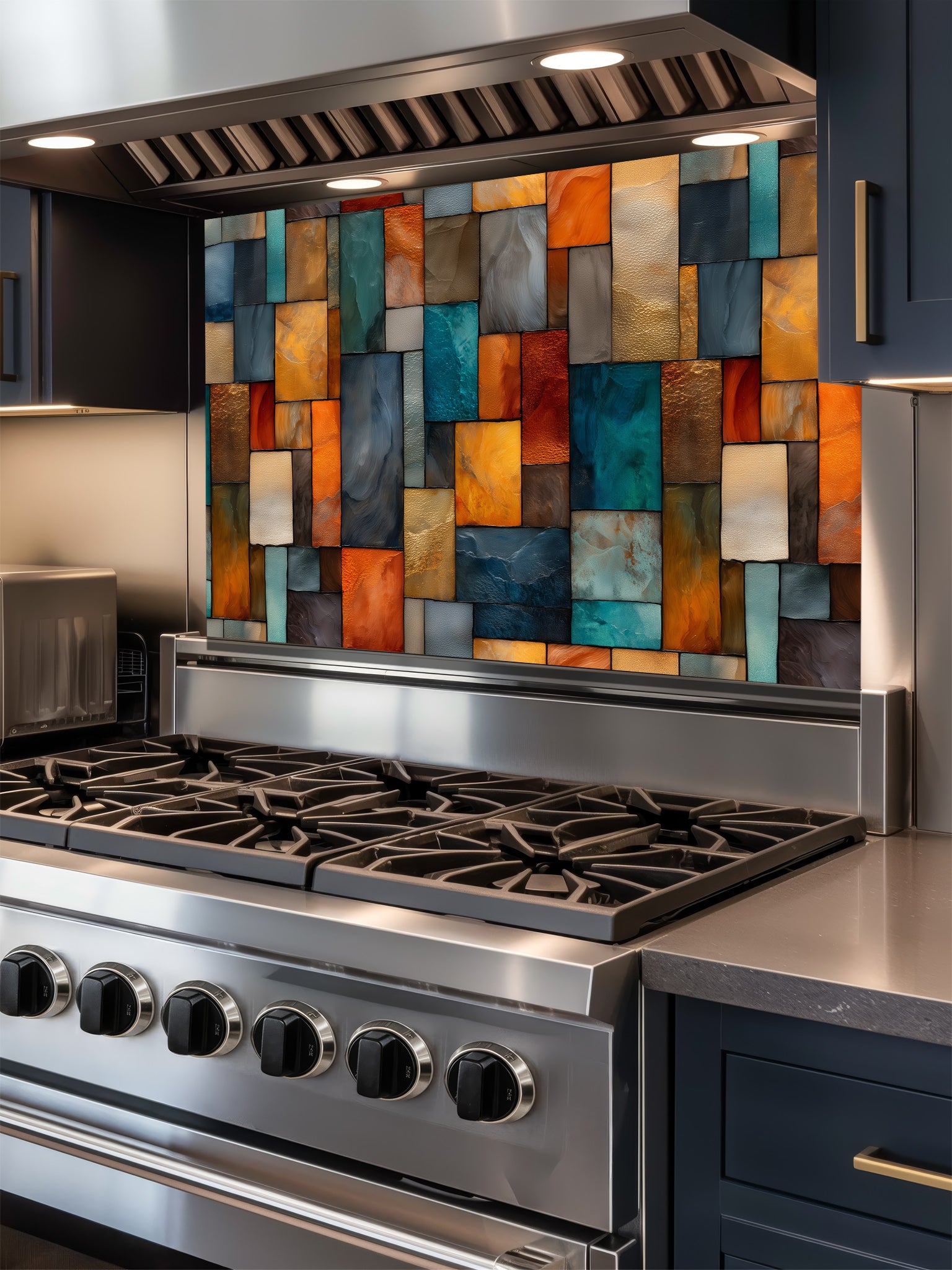 Tempered glass kitchen backsplash featuring a highly realistic 3D illusion of an abstract geometric mosaic made of textured stained glass rectangles in vibrant teal, amber, orange, and slate grey, installed behind a modern stainless steel stove.