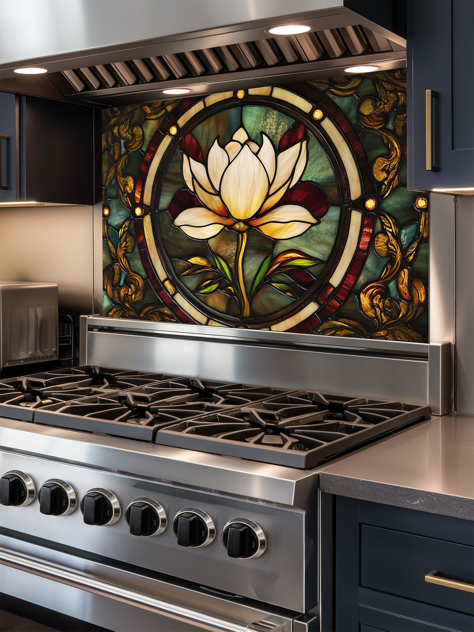 Tempered glass kitchen backsplash featuring a highly realistic faux stained glass design of a central white lotus flower surrounded by intricate Art Nouveau vines in rich emerald green and glowing amber tones, installed behind a modern stainless steel stove.