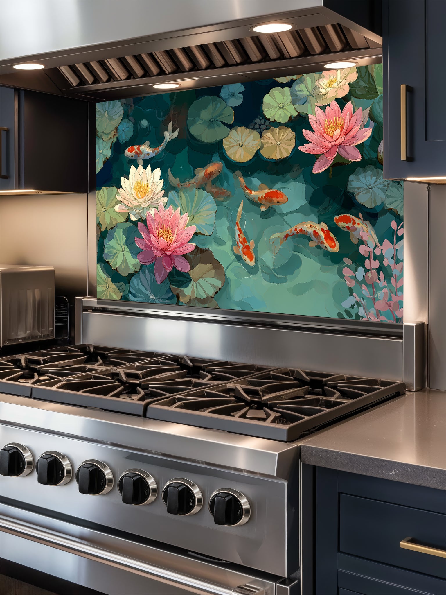 Serene illustration of orange koi fish swimming among pink lotus flowers and green lily pads, UV printed on a smooth tempered glass kitchen backsplash, installed behind a modern stove.