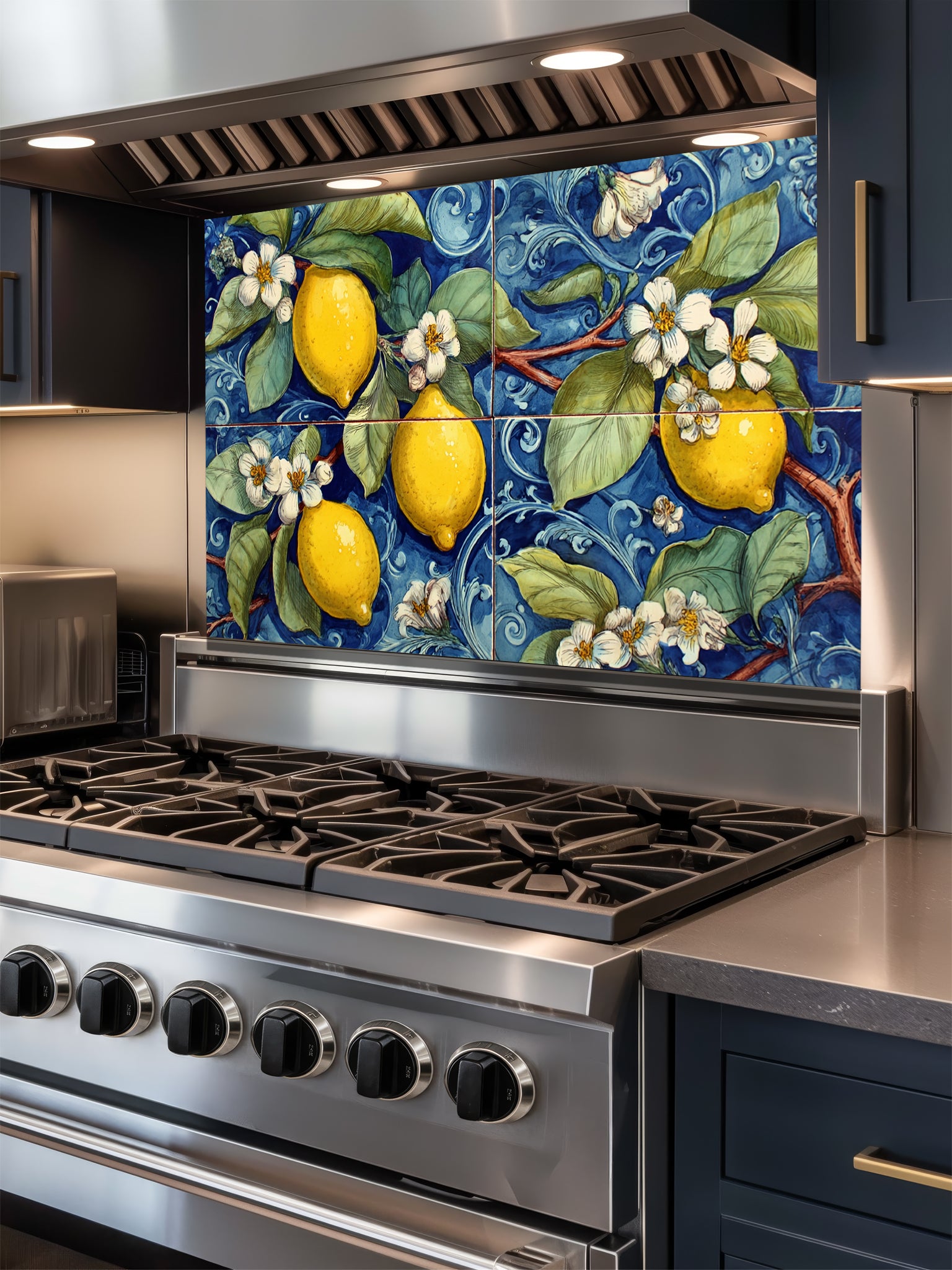 Tempered glass kitchen backsplash featuring a highly realistic illusion of a large four-panel traditional hand-painted Italian Majolica ceramic tile mural, showcasing bright yellow lemons and white blossoms against a deep cobalt blue background with intricate scrollwork, installed behind a modern black stove.