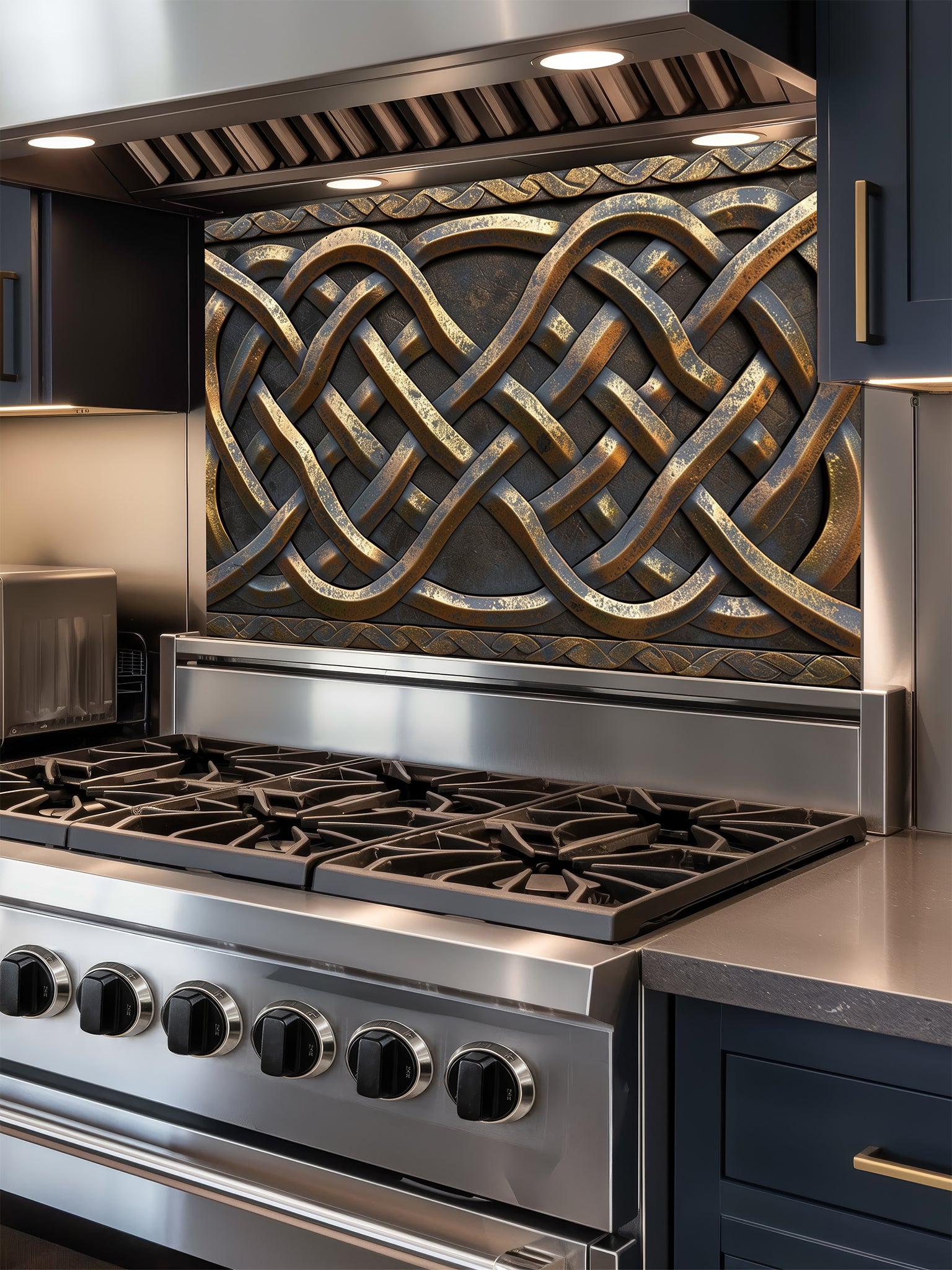 Tempered glass kitchen backsplash featuring a highly realistic 3D faux metal design of intricate interlaced Celtic knots in antique bronze and dark iron tones, installed behind a modern stainless steel stove.