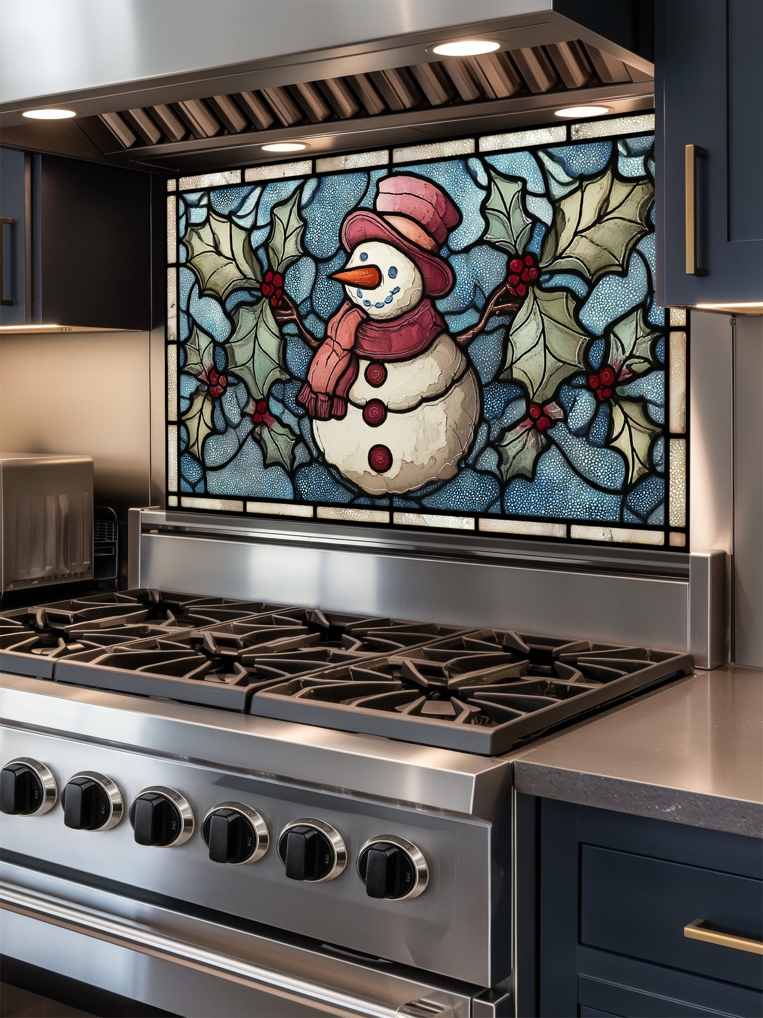 Tempered glass kitchen backsplash featuring a highly realistic 3D illusion of stained glass art showing a cheerful snowman with a red hat and scarf surrounded by green winter holly and red berries against a frosted icy blue background, installed behind a modern black stove.