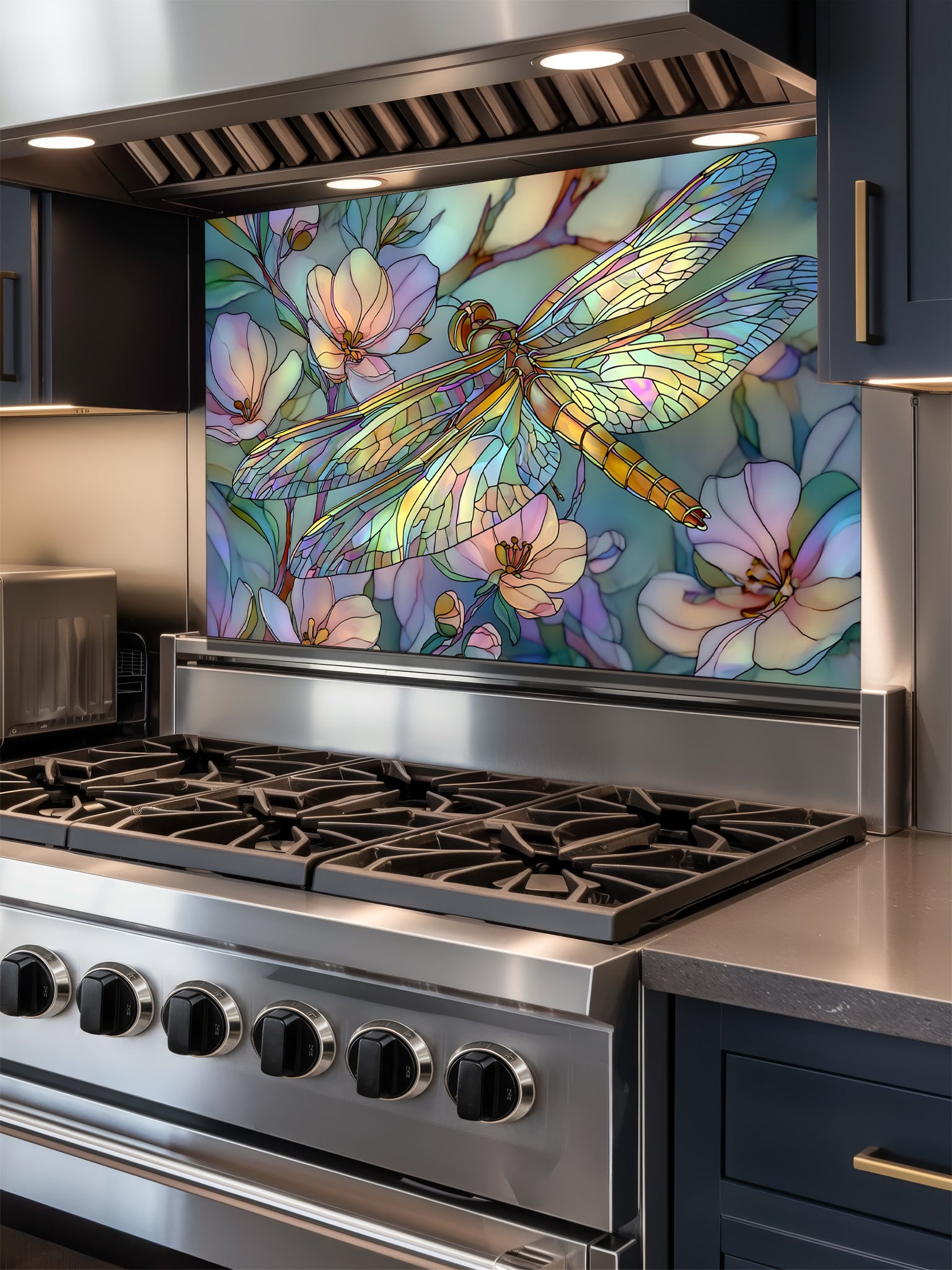 Tempered glass kitchen backsplash featuring a highly realistic 3D illusion of Art Nouveau stained glass showing an elegant dragonfly with iridescent translucent wings resting among soft pastel pink and mint green blooming flowers, installed behind a modern stainless steel stove.