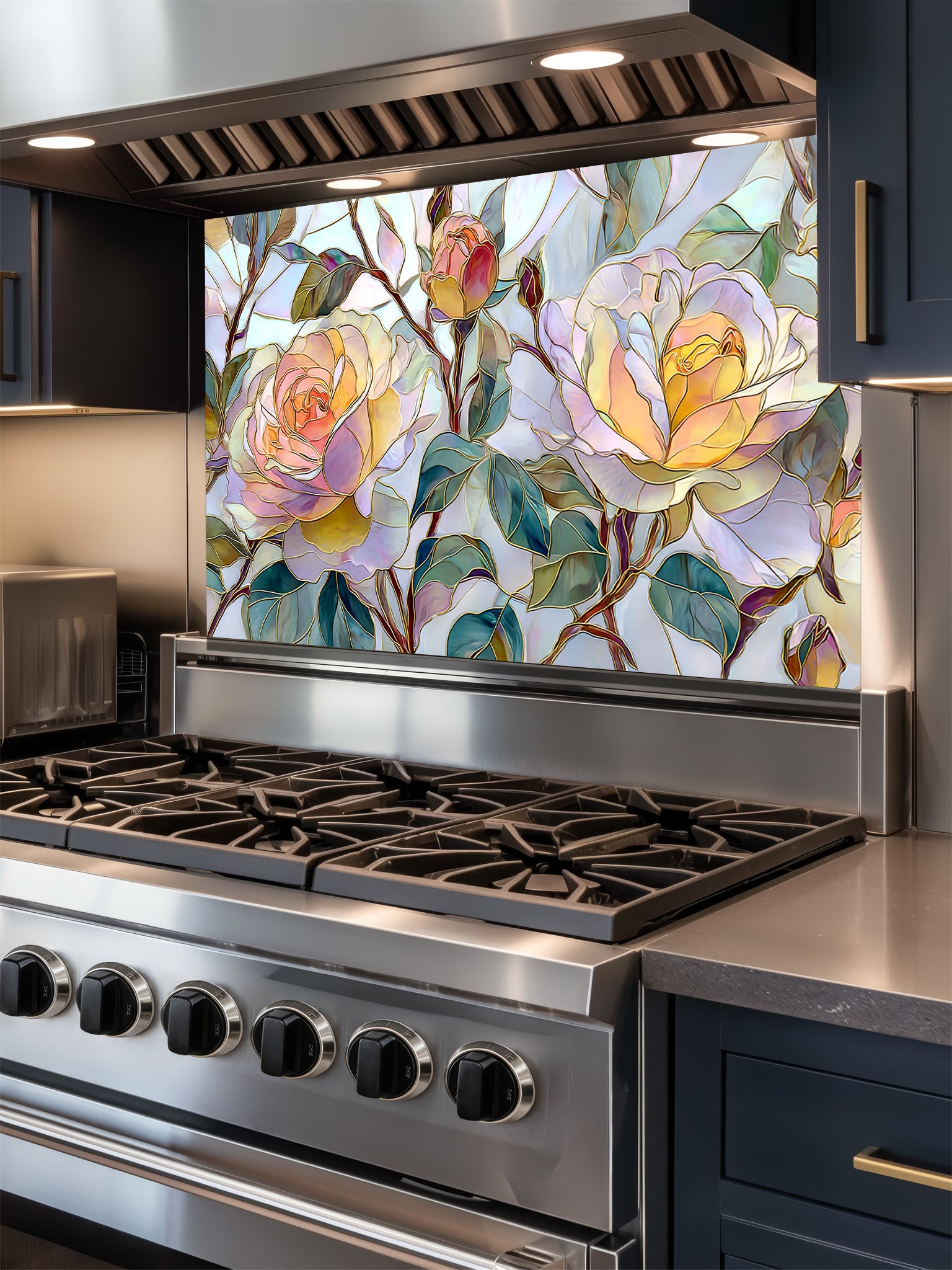 Tempered glass kitchen backsplash featuring a highly realistic 3D illusion of stained glass and watercolor art showing large, delicate blooming roses in pastel yellow, peach, and blush pink with teal green leaves, installed behind a modern black stove.