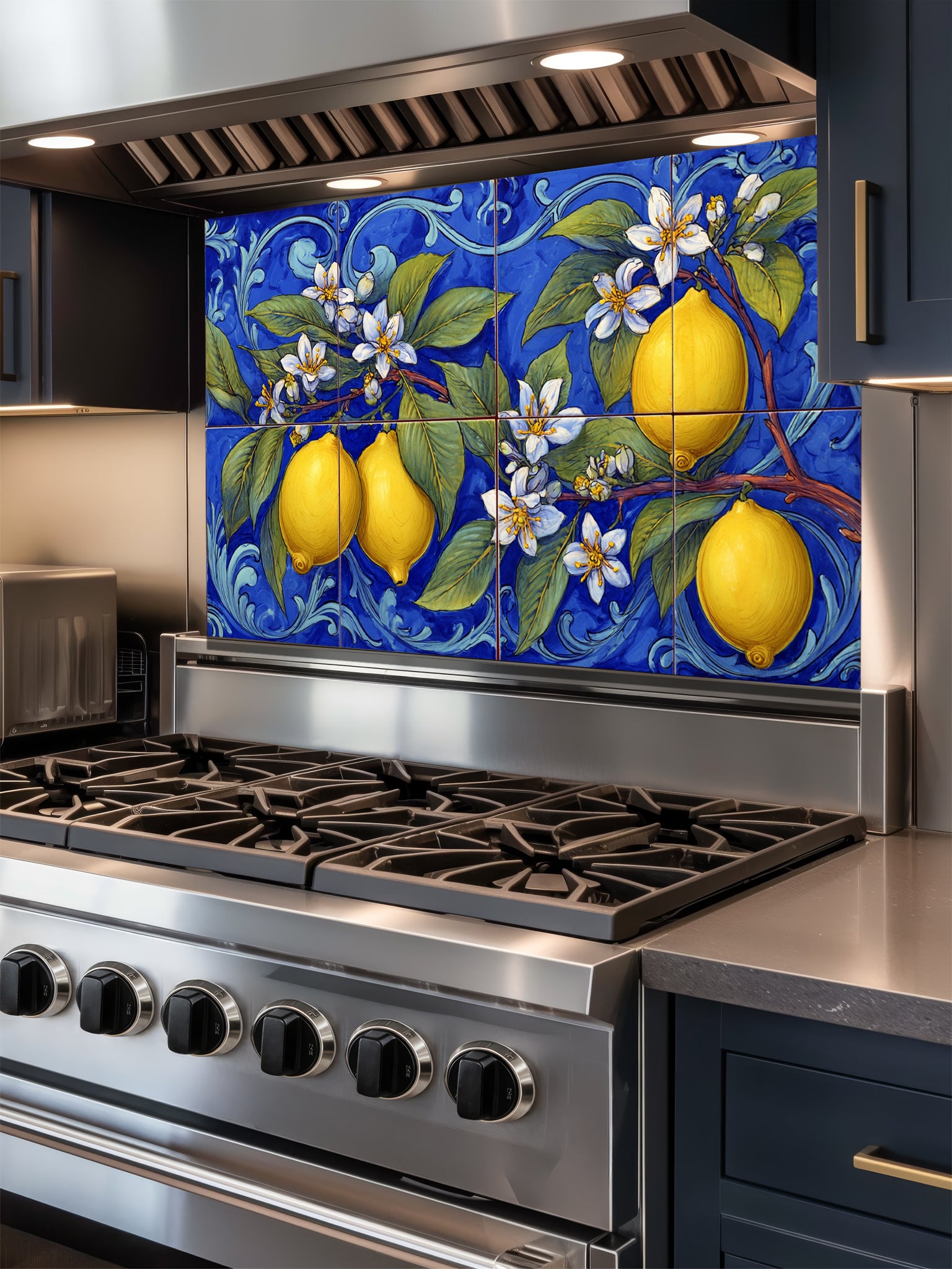 Tempered glass kitchen backsplash featuring a highly realistic illusion of traditional hand-painted Italian Majolica ceramic tiles, showcasing bright yellow lemons, white blossoms, and green leaves against a deep royal blue background with elegant scrollwork, installed behind a modern black stove.