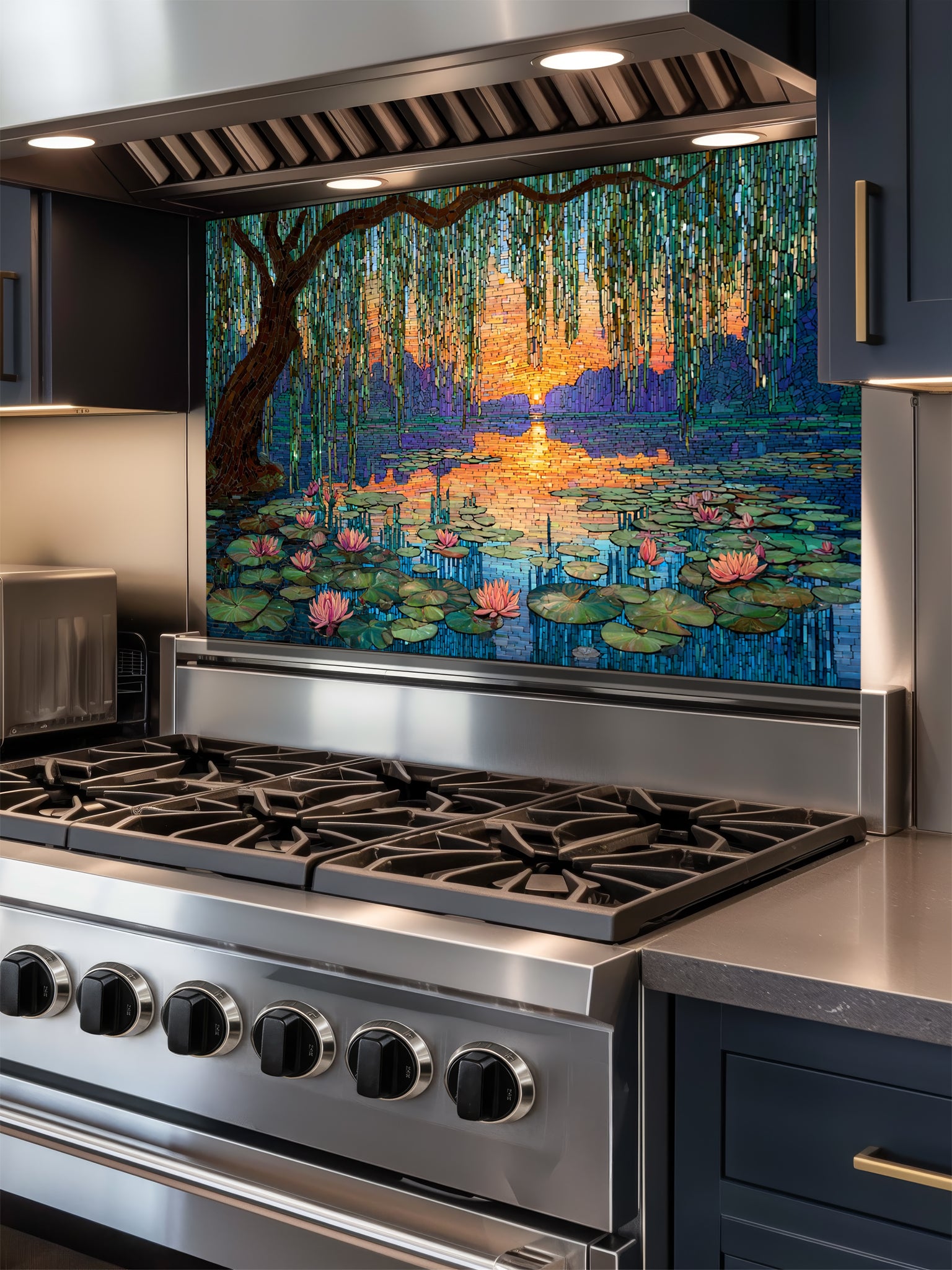 Tempered glass kitchen backsplash featuring a highly realistic 3D illusion of intricate mosaic tile art showing a majestic weeping willow tree and blooming pink water lilies on a tranquil lake during a vibrant golden and purple sunset, installed behind a modern black stove.