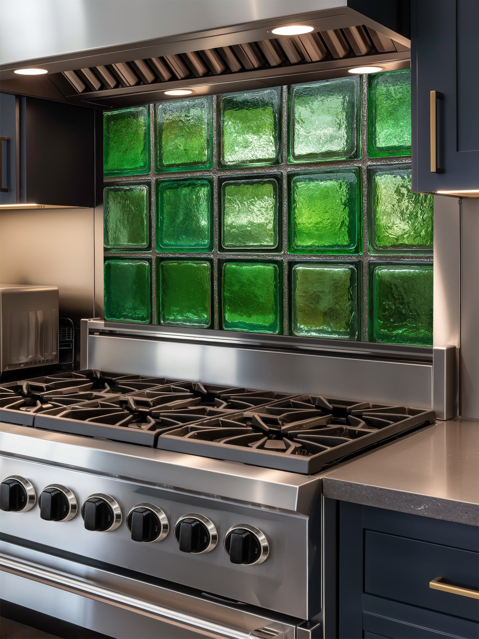 Faux green glass block 3D effect UV printed on a smooth tempered glass kitchen backsplash, installed behind a modern stove.