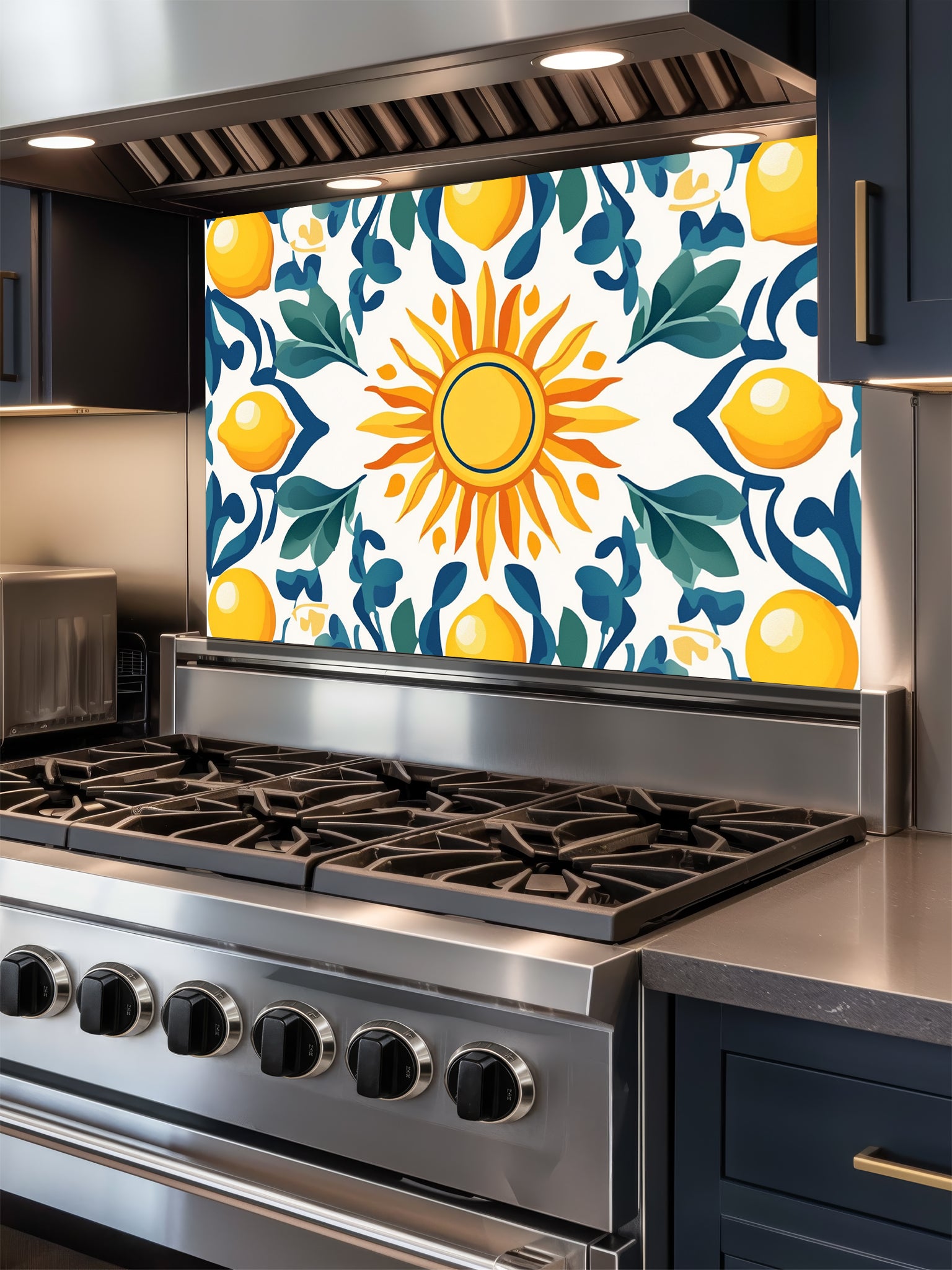 Vibrant Mediterranean Majolica style tile pattern featuring a central sun, yellow lemons, and teal leaves, UV printed on a smooth tempered glass kitchen backsplash.